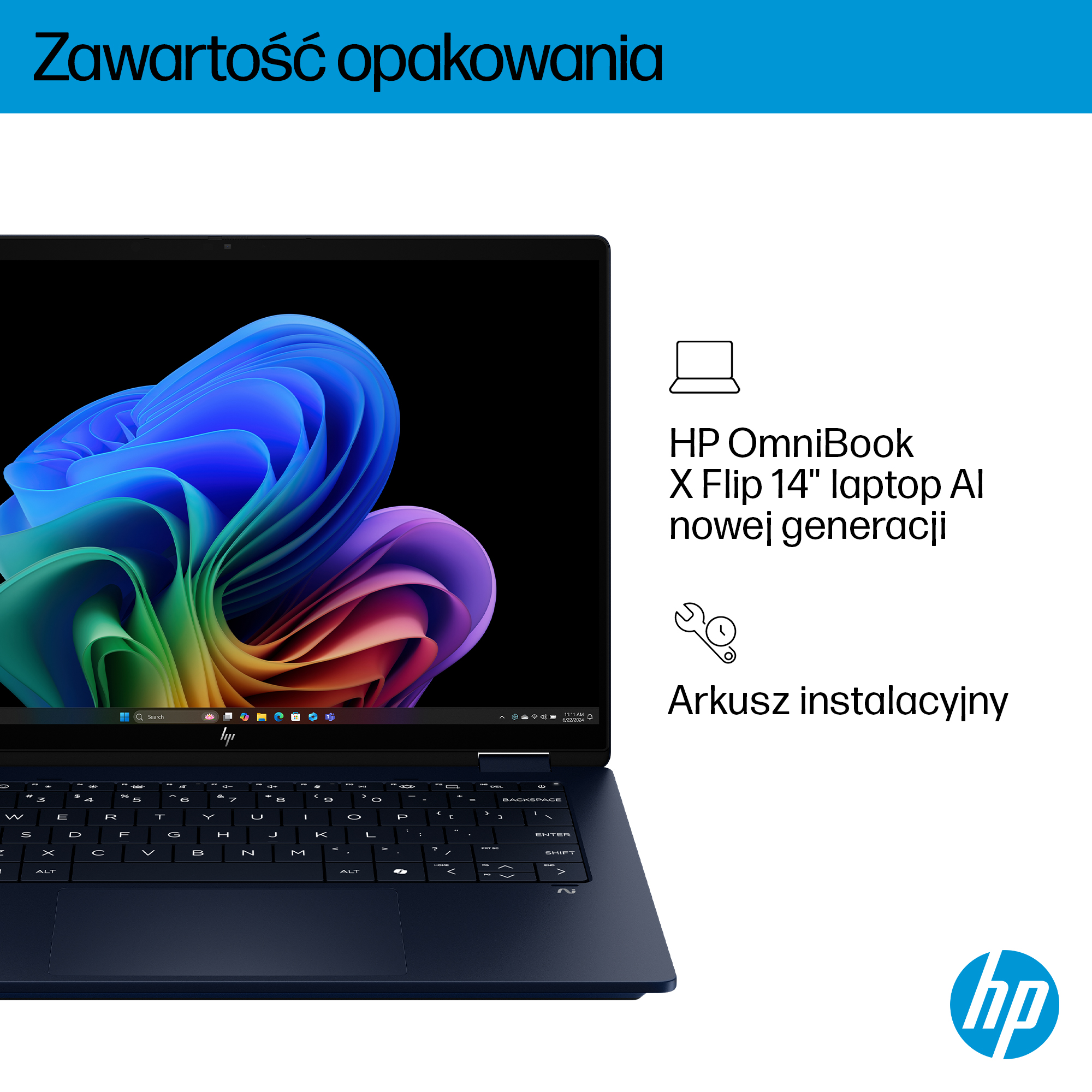 Ciemnoniebieski laptop HP OmniBook X Flip 14" z kolorowym tłem ekranu.