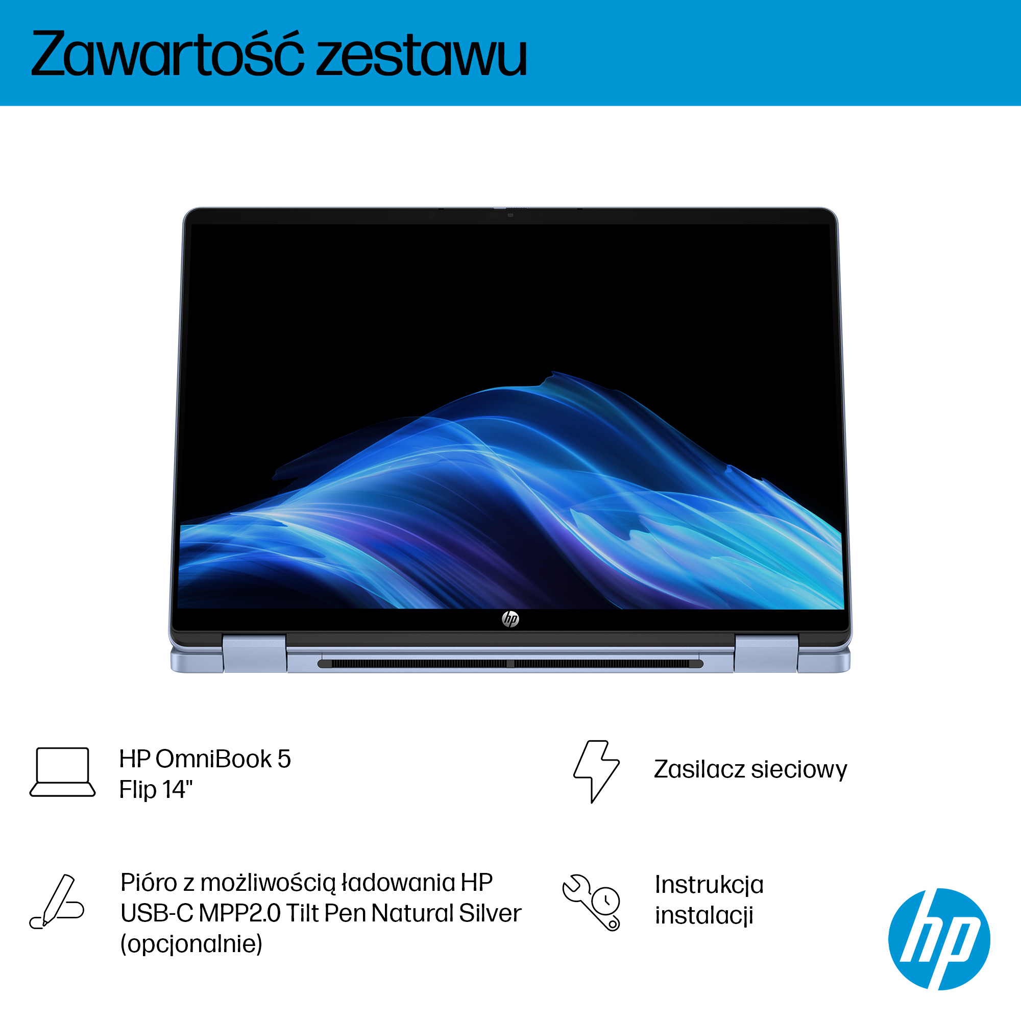 Niebieski laptop HP z dynamiczną, niebieską tapetą abstrakcyjną.