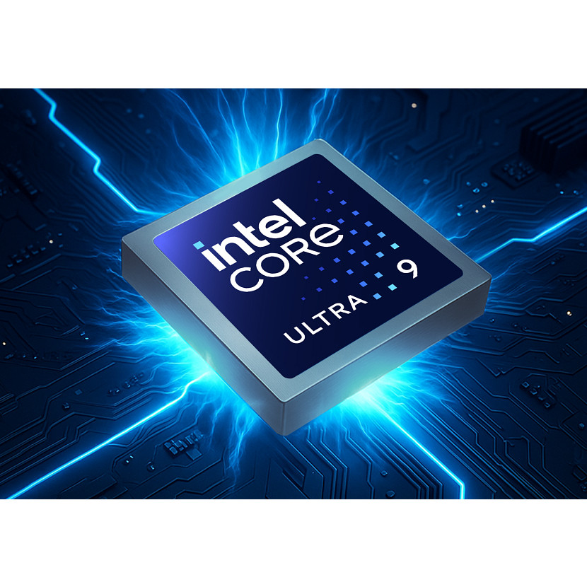 Procesor Intel Core Ultra 9 z niebieskimi efektami świetlnymi na płytce drukowanej.