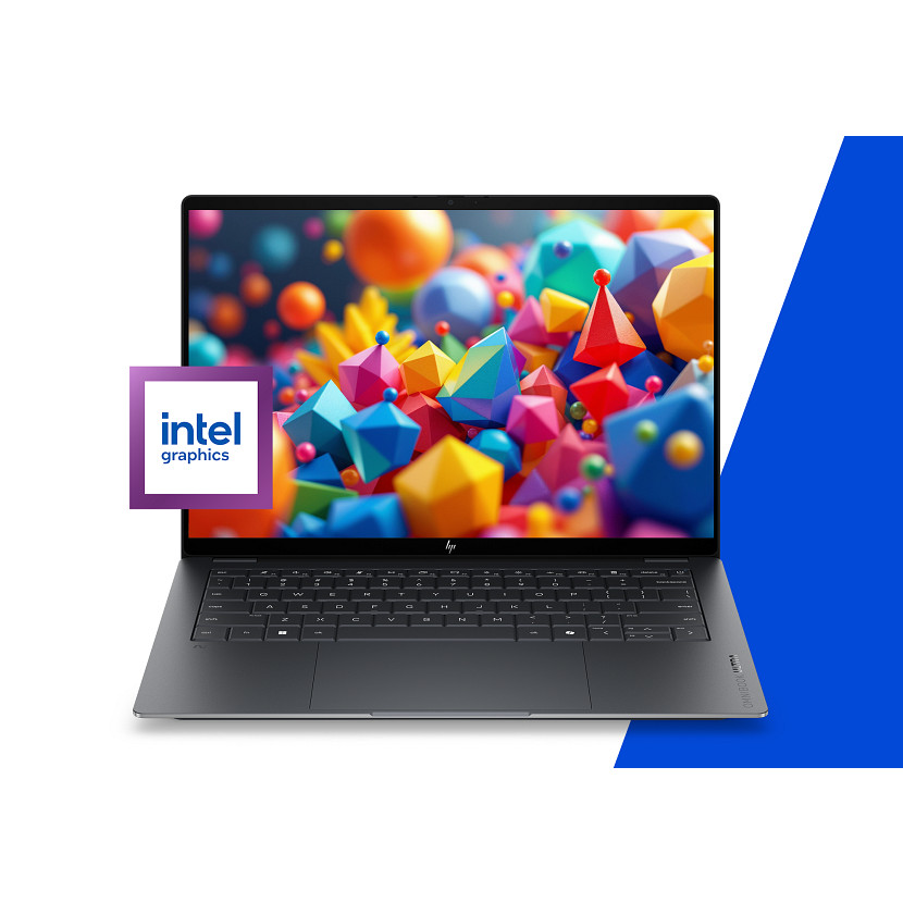 Laptop wyświetlający kolorowe abstrakcyjne tło i logo Intel Graphics.