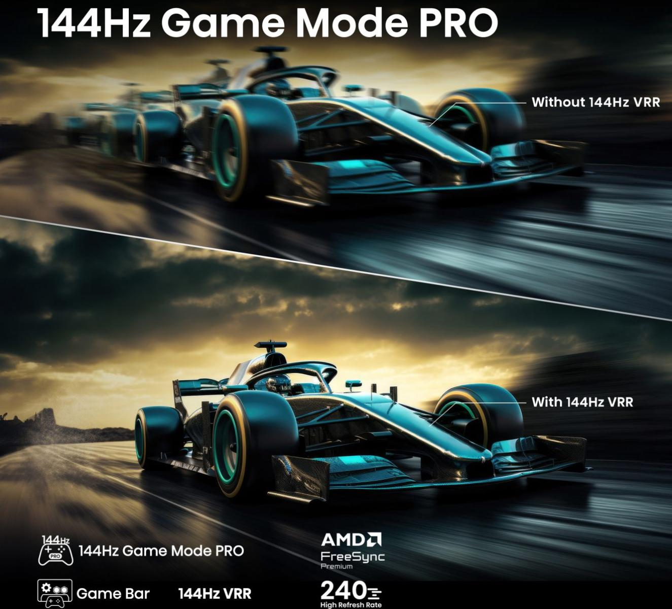 Podzielony obraz: Góra samochód wyścigowy bez VRR, dół z VRR. Tryb Gry 144Hz PRO.
