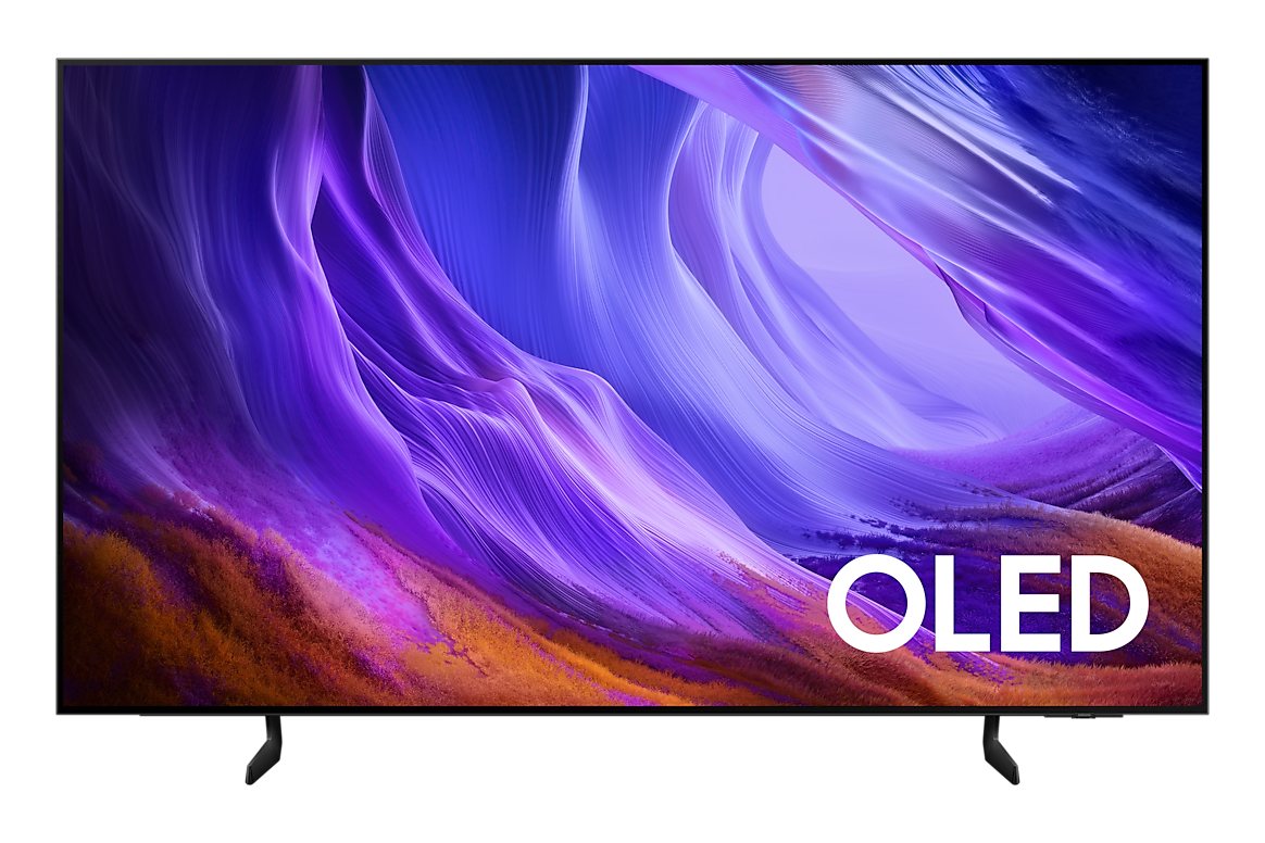 Nowoczesny telewizor OLED wyświetla abstrakcyjne, faliste tło w odcieniach fioletu i pomarańczy.