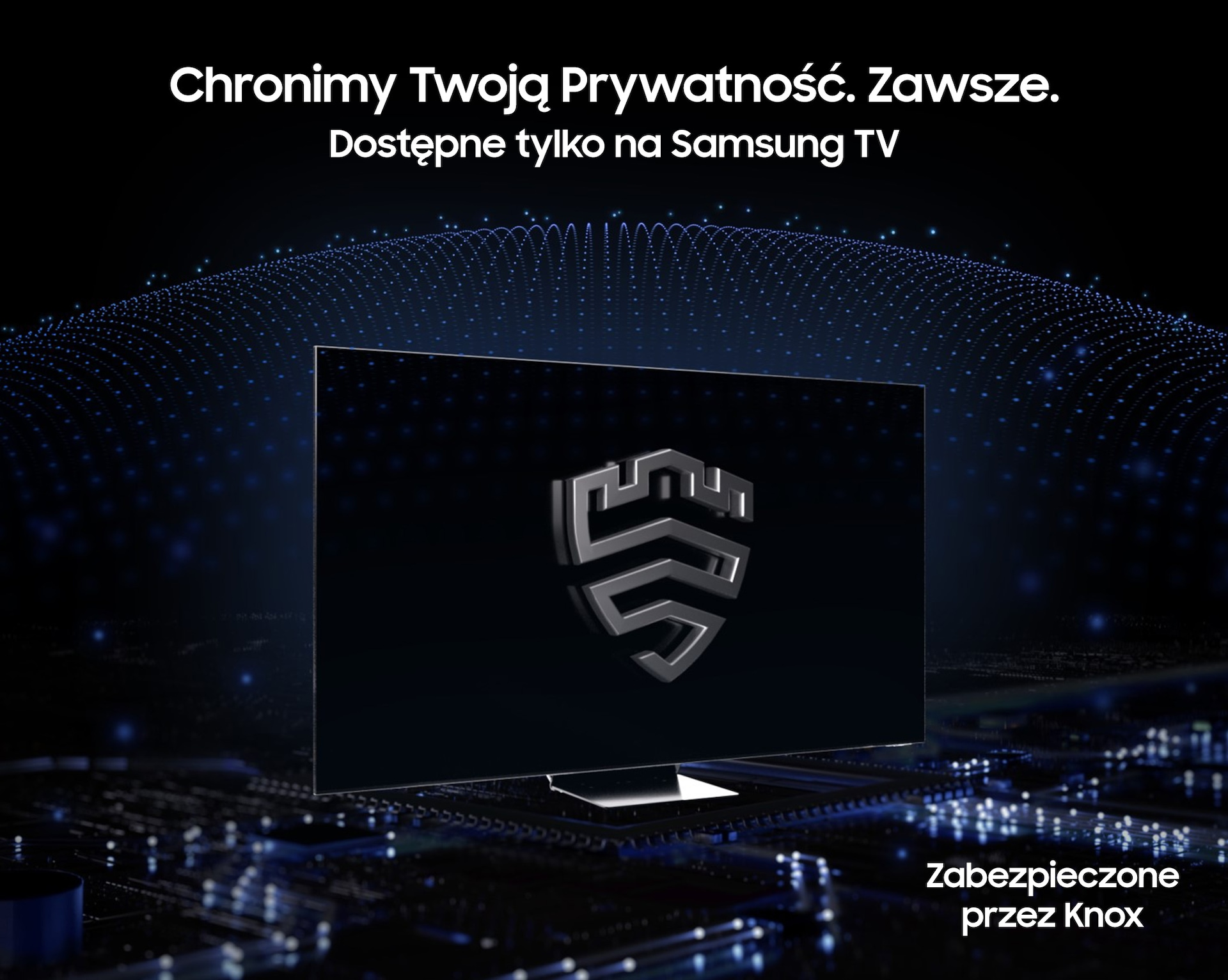 Telewizor Samsung z logo tarczy, zabezpieczony przez Knox.