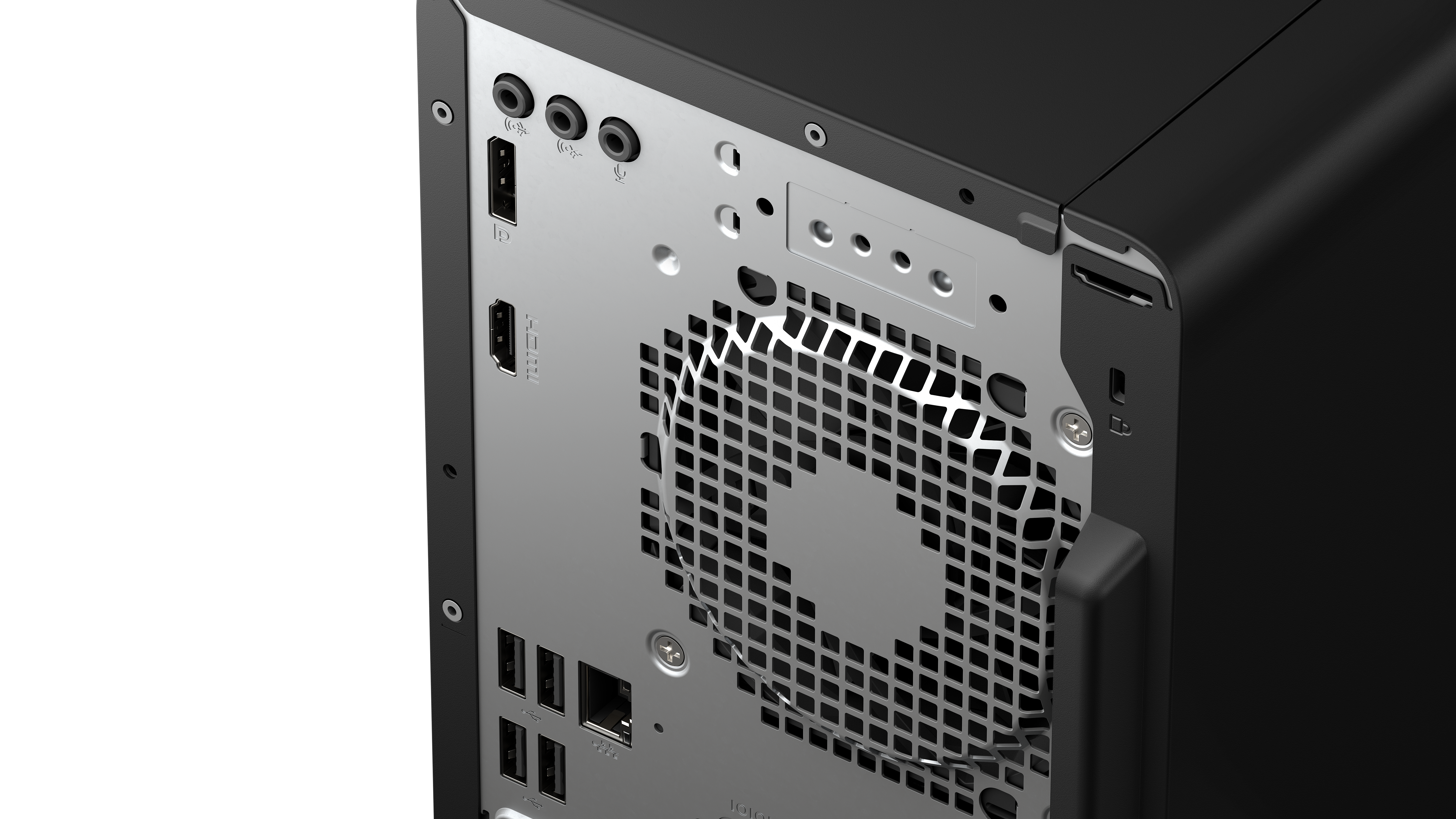 Rückseite eines schwarzen PCs mit Anschlüssen, Lüftergitter und Lüfter.