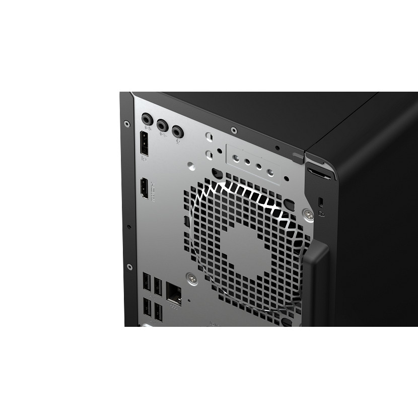 Rückseite eines schwarzen Computerturms mit Anschlüssen, Lüftergitter und HDMI.