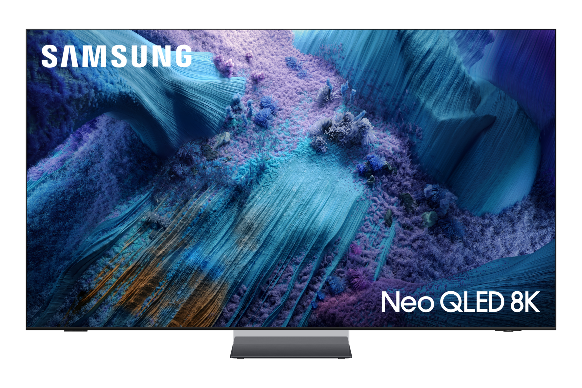 Telewizor Samsung Neo QLED 8K z abstrakcyjną grafiką w kolorach niebieskim i fioletowym.