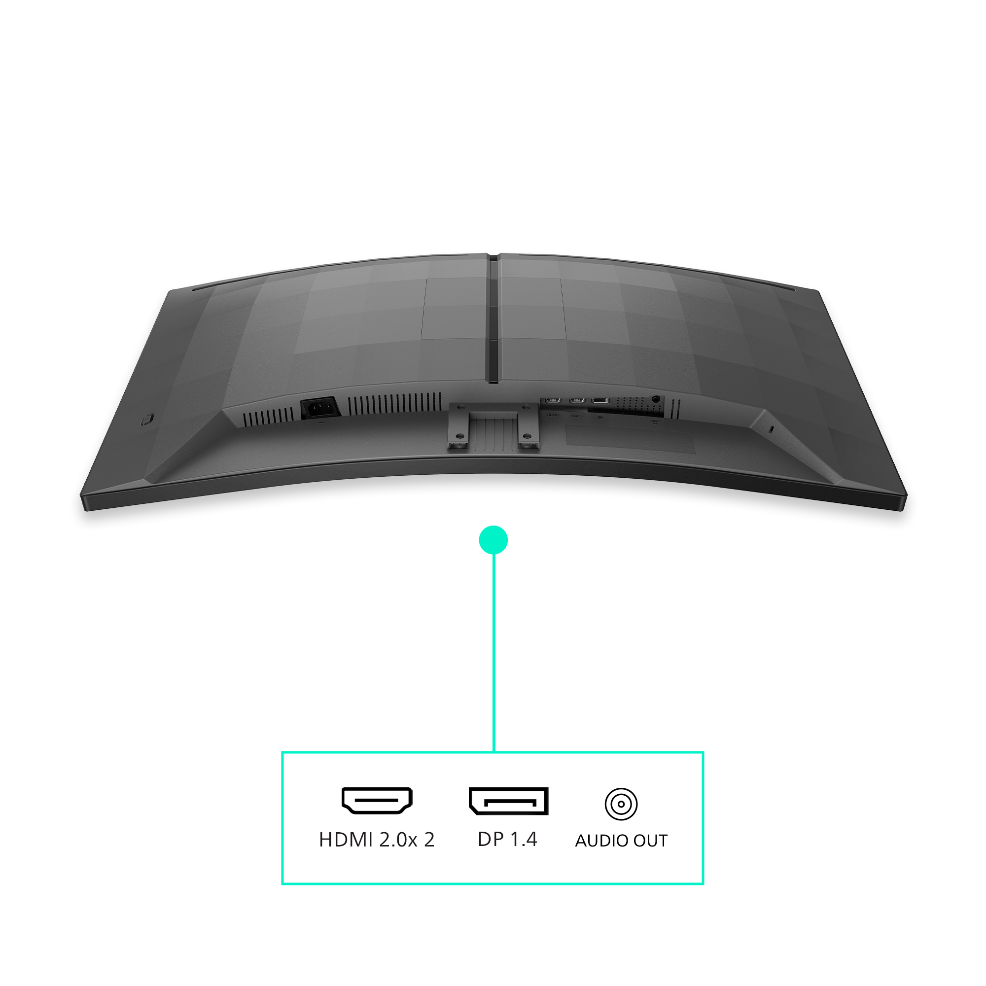 Rückseite eines Monitors mit Anschlüssen: 2x HDMI, DP 1.4, Audio Out.