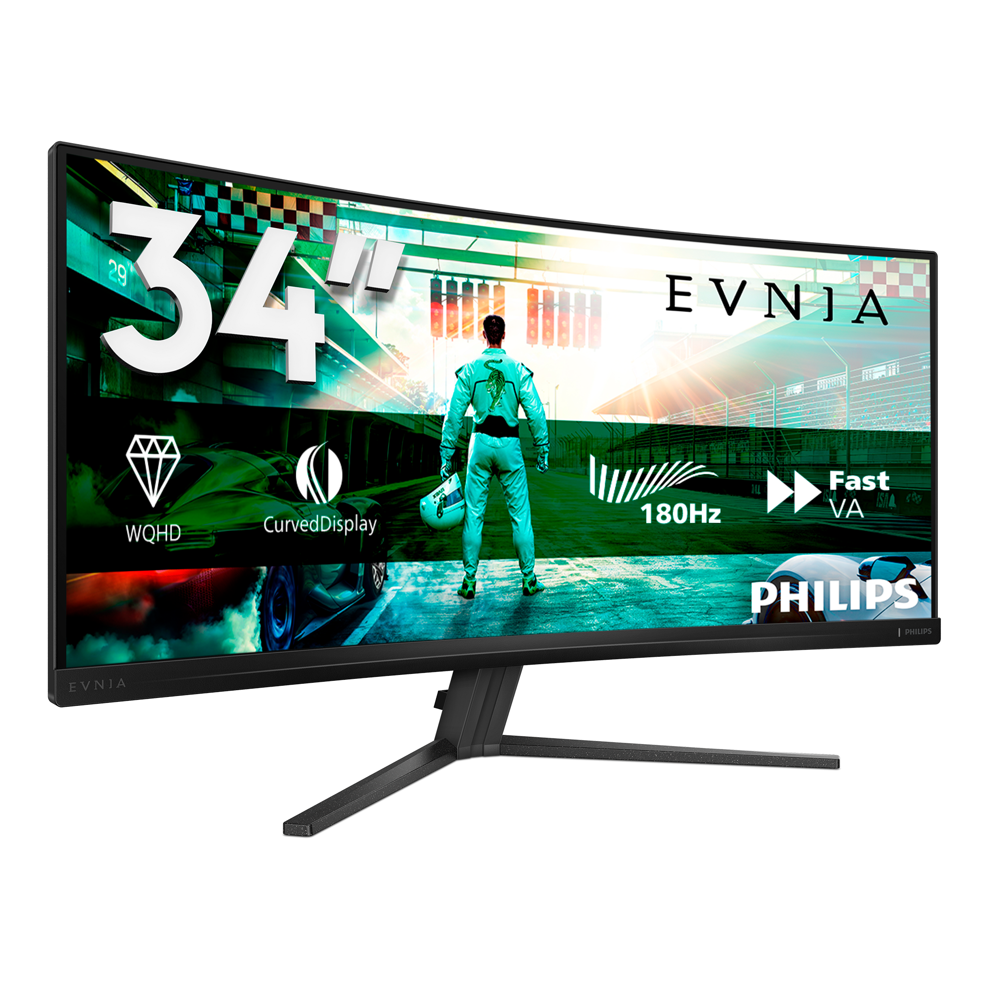 34-Zoll Curved Monitor mit Rennfahrer und Rennstrecken-Grafik.