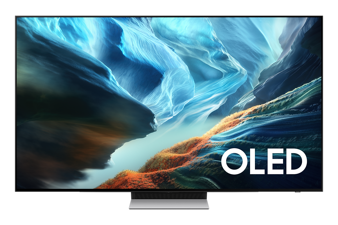Nowoczesny telewizor OLED wyświetla abstrakcyjny krajobraz w odcieniach niebieskiego i pomarańczowego.