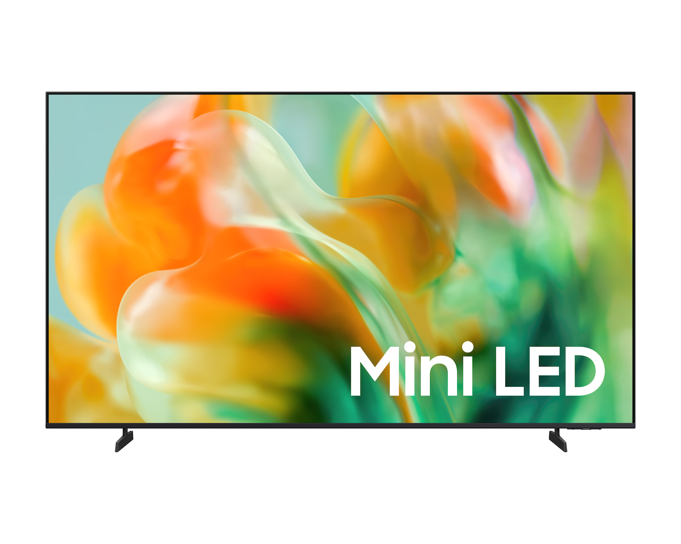 Czarny telewizor z napisem 'Mini LED' na abstrakcyjnym tle pomarańczowym i zielonym.