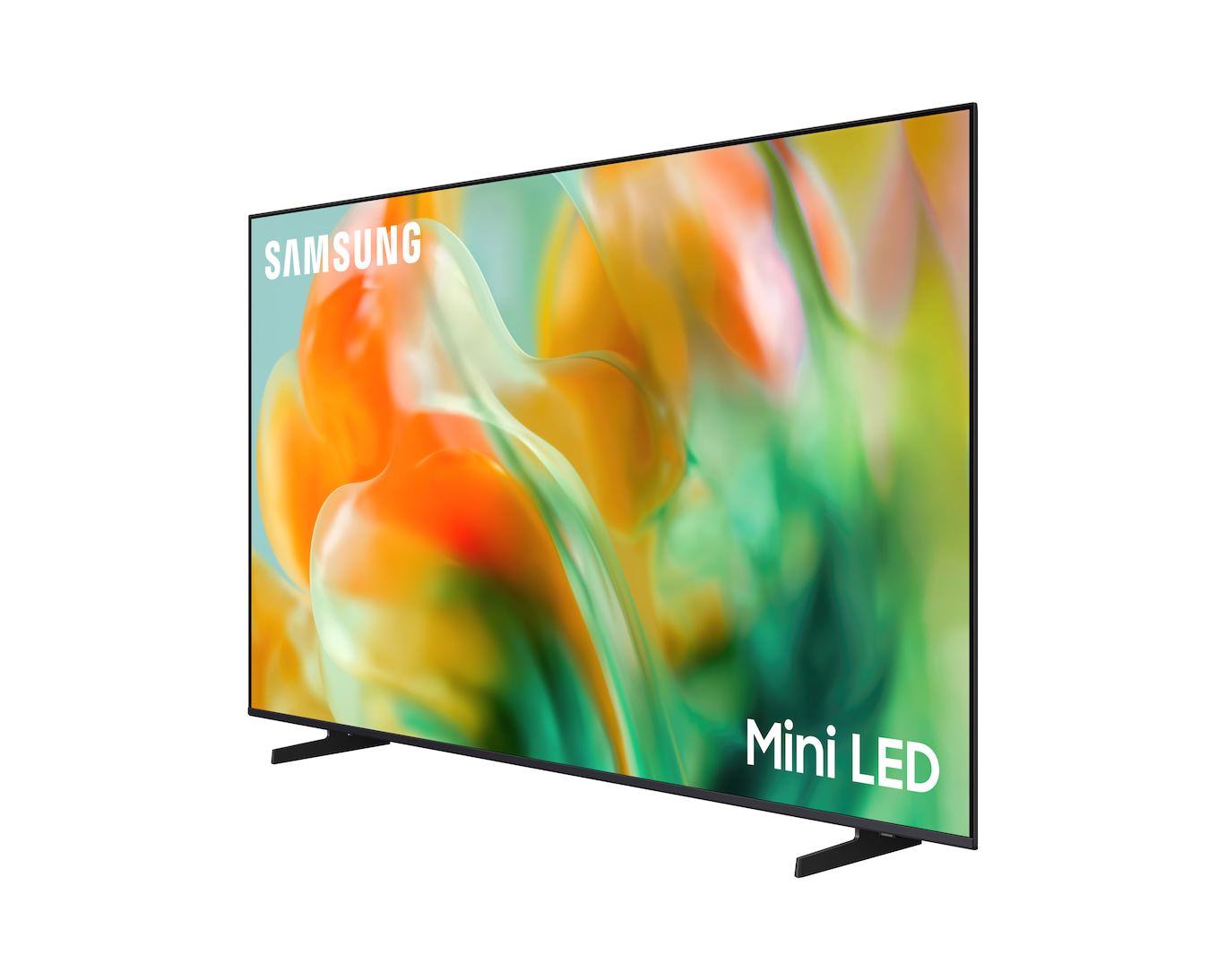 Telewizor Samsung Mini LED z wyświetlanym na ekranie obrazem abstrakcyjnym.