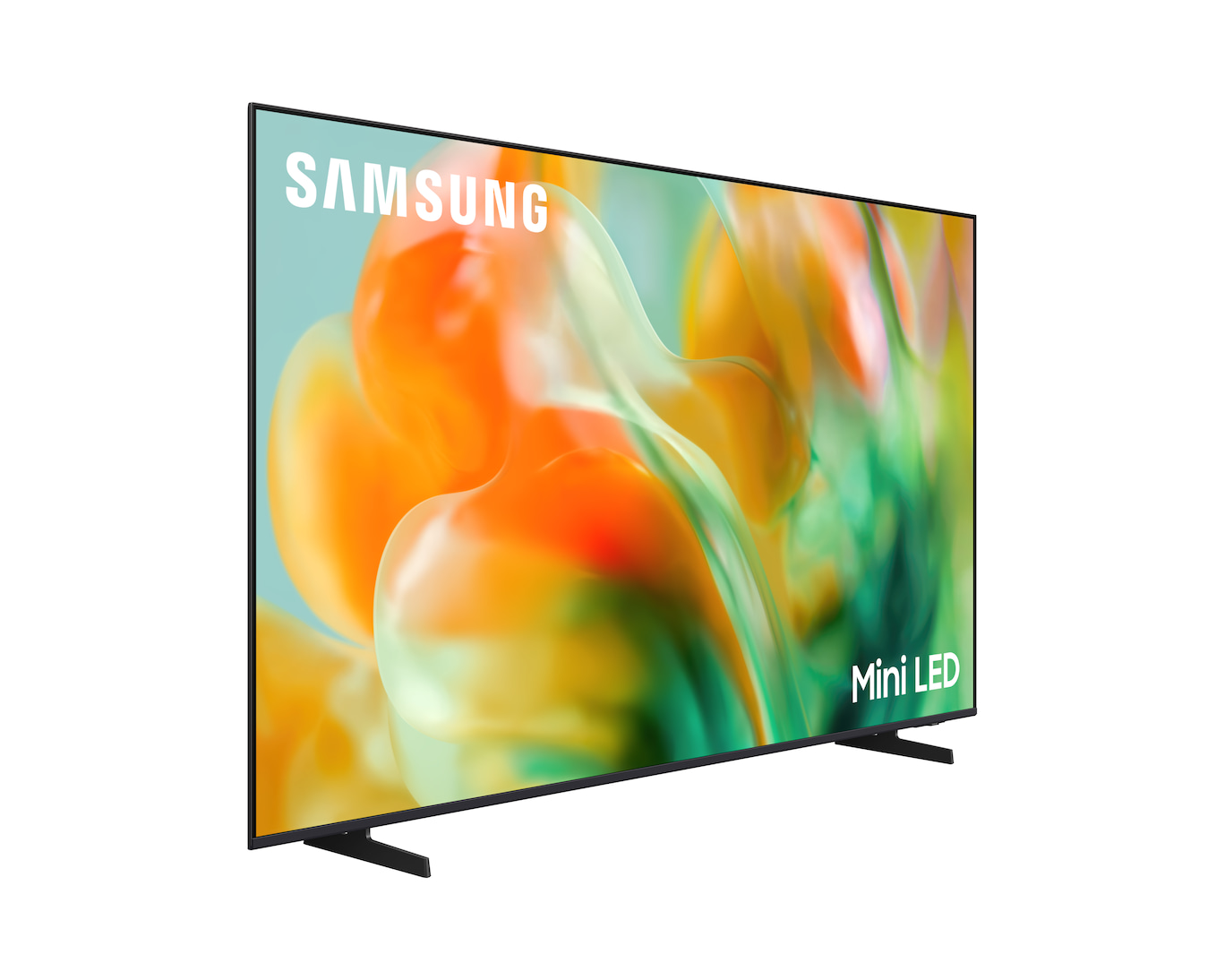 Telewizor Samsung Mini LED o eleganckim designie z kolorowym wygaszaczem ekranu.