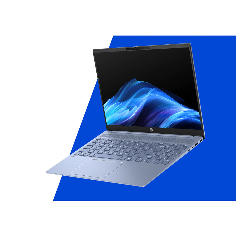 Jasnoniebieski laptop z dynamicznym niebieskim tłem na ekranie.