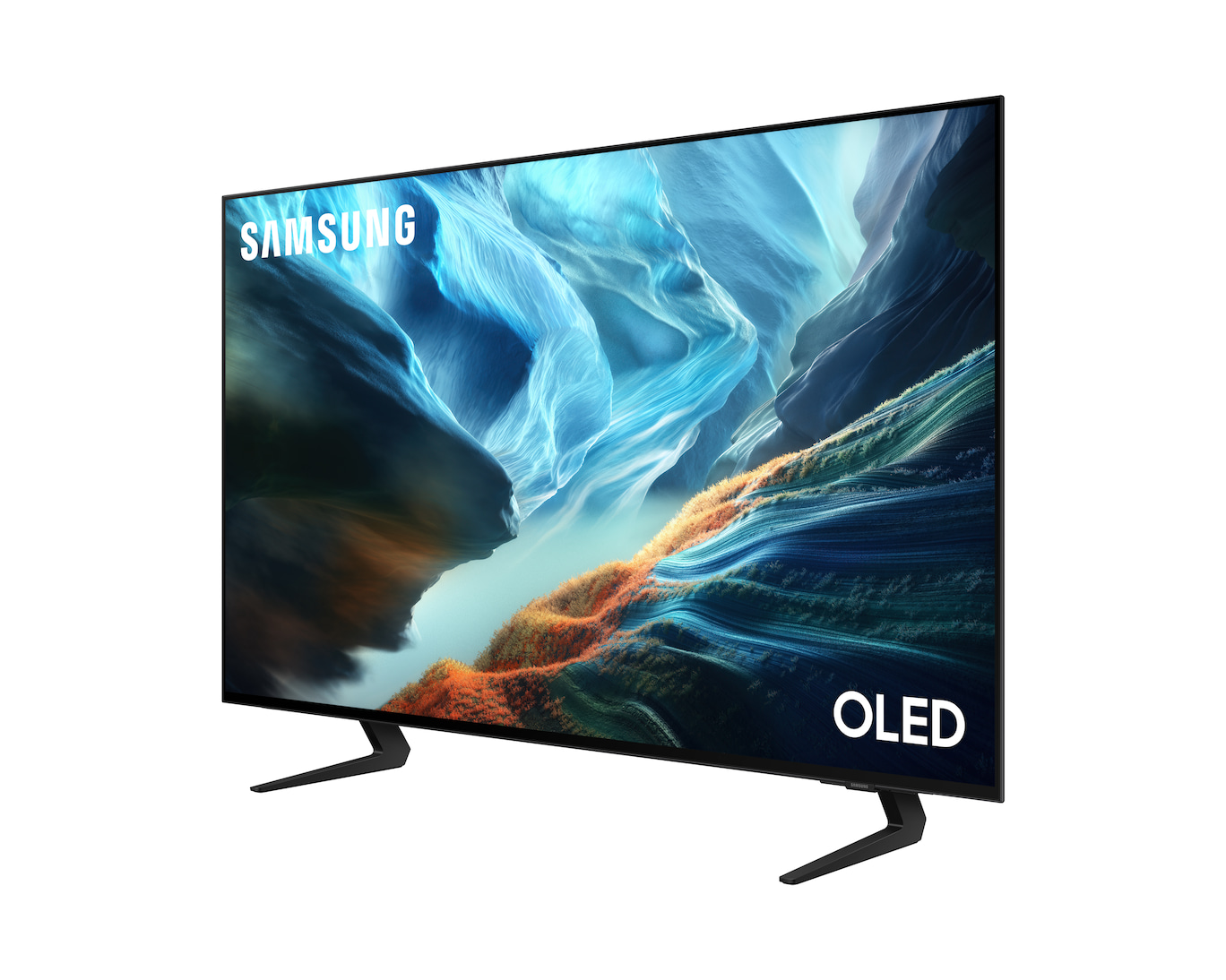 Telewizor Samsung OLED z futurystycznym krajobrazem na ekranie.