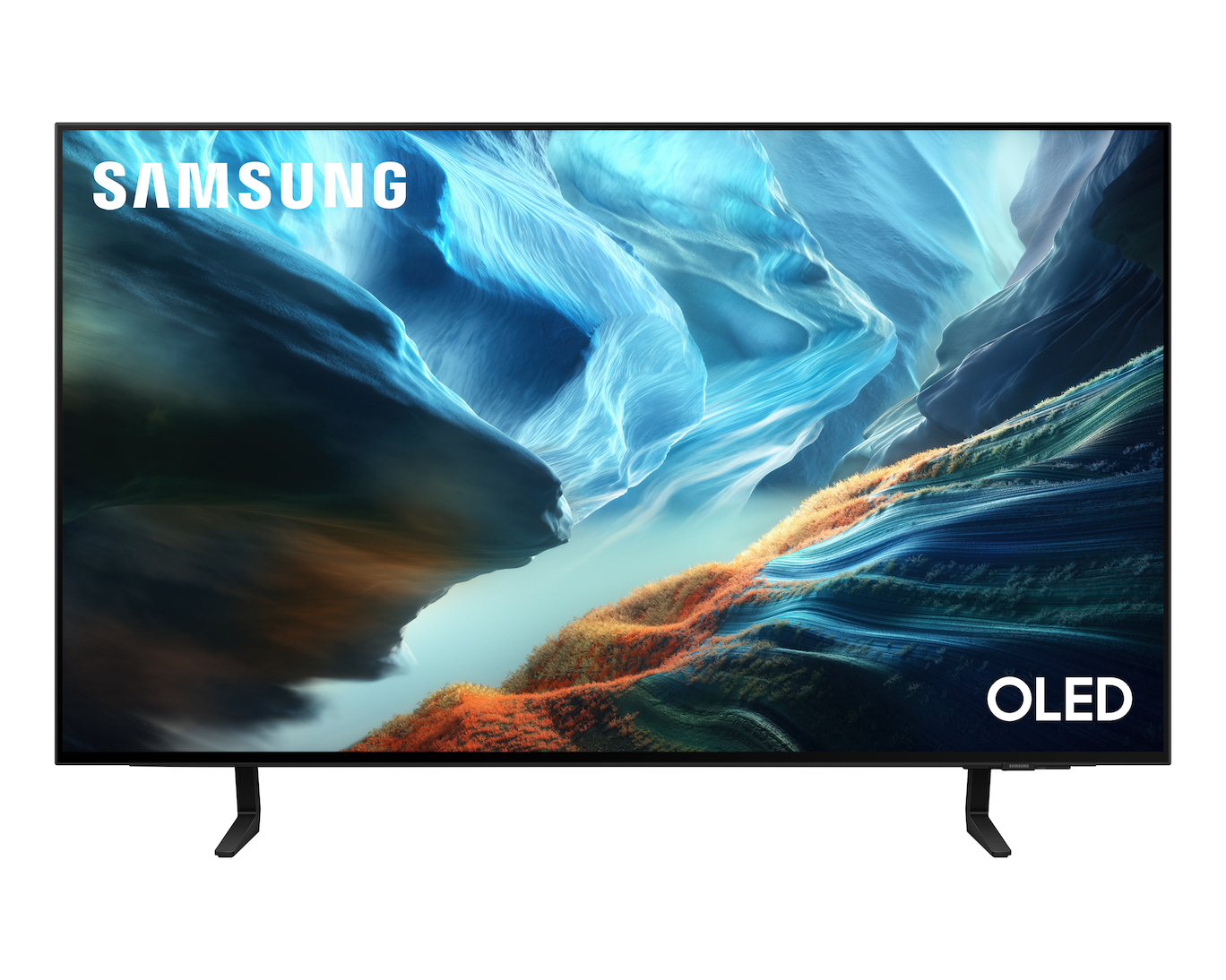 Telewizor Samsung OLED z abstrakcyjnym krajobrazem w kolorach niebieskim i pomarańczowym.