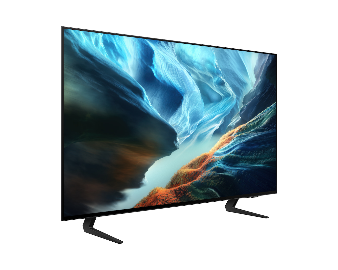Nowoczesny telewizor wyświetlający abstrakcyjny, niebiesko-pomarańczowy obraz na ekranie.