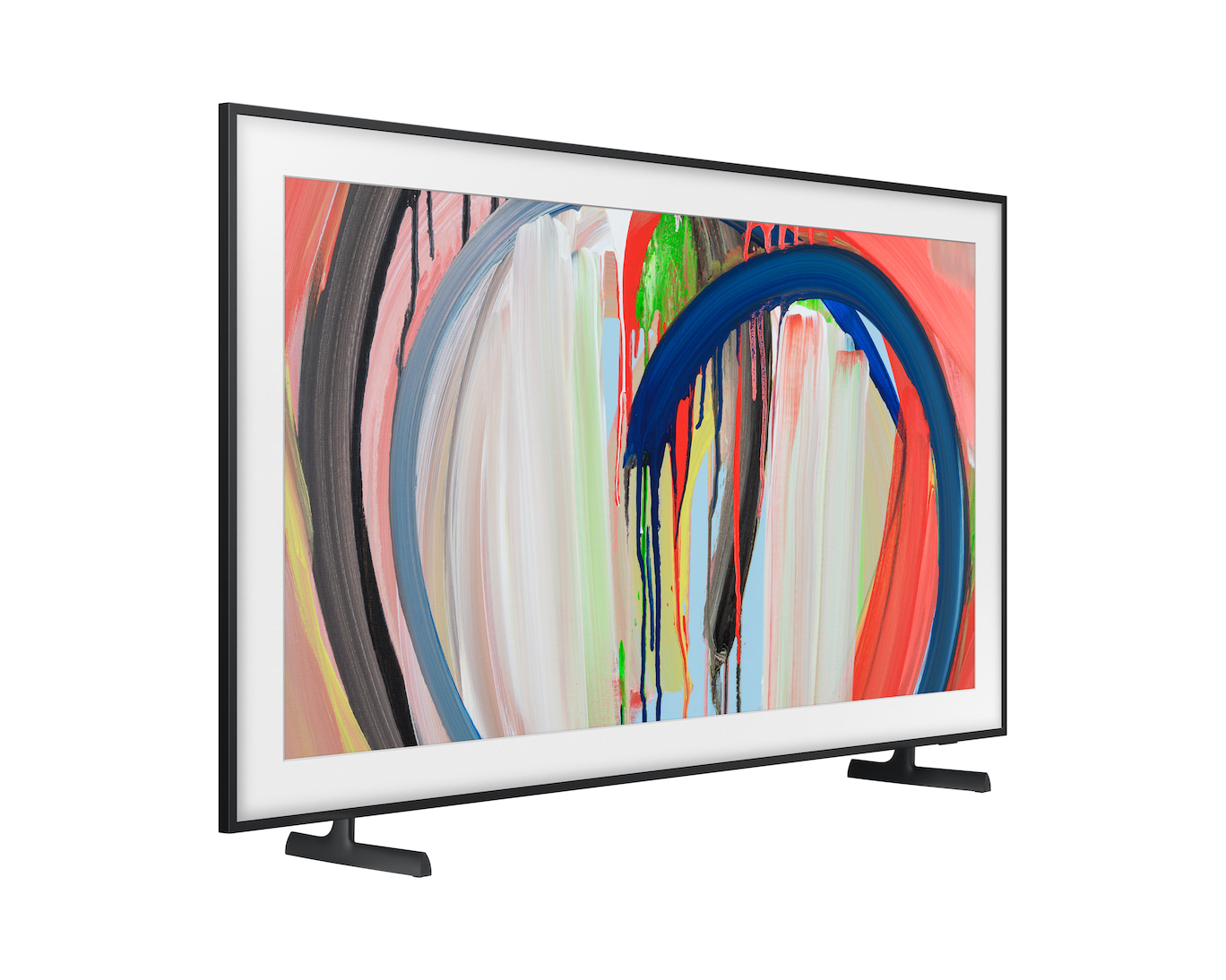 Nowoczesny telewizor z abstrakcyjną sztuką w żywych kolorach.