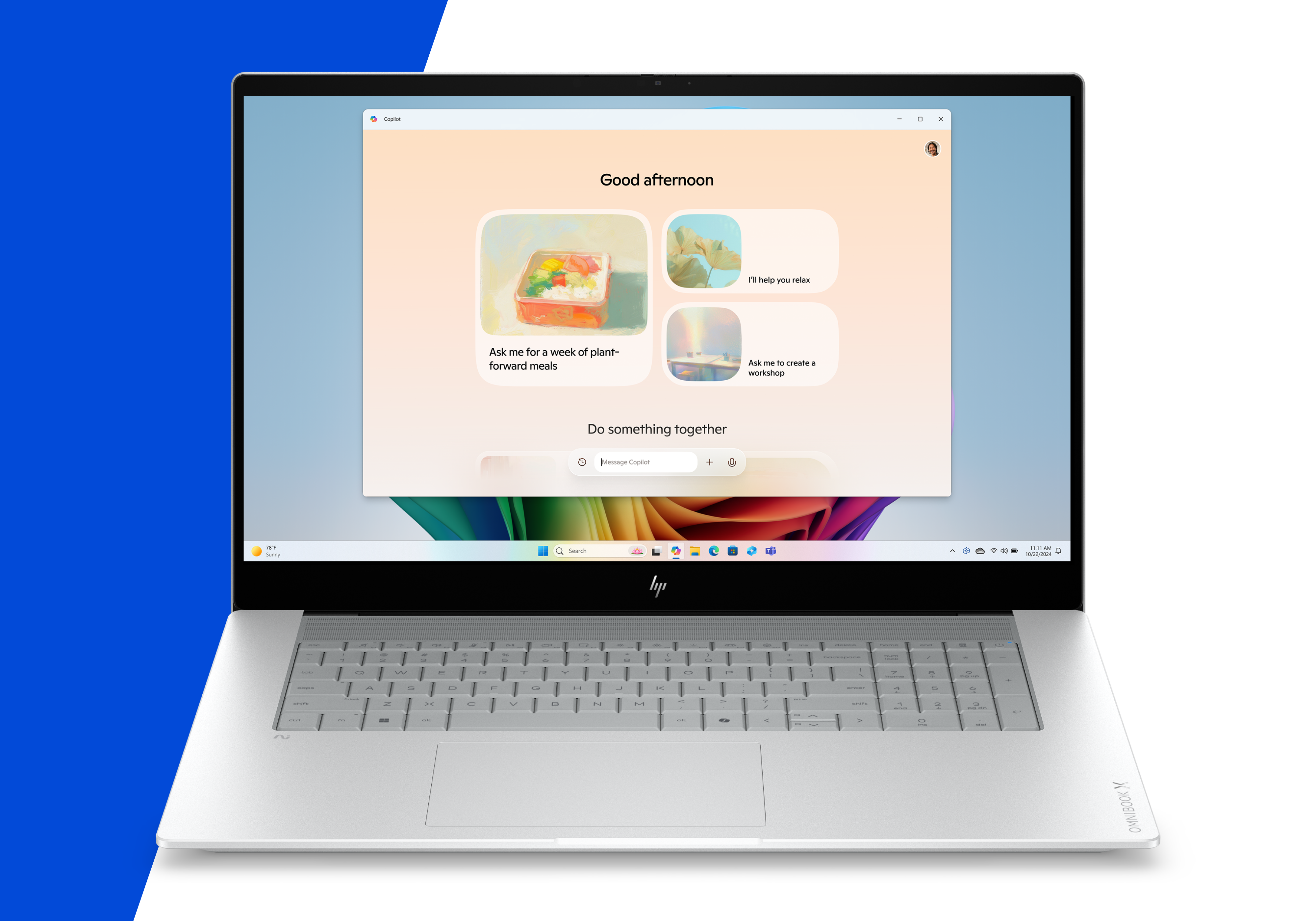 Laptop z interfejsem Copilot, oferujący opcje posiłków, relaksu i warsztatów.