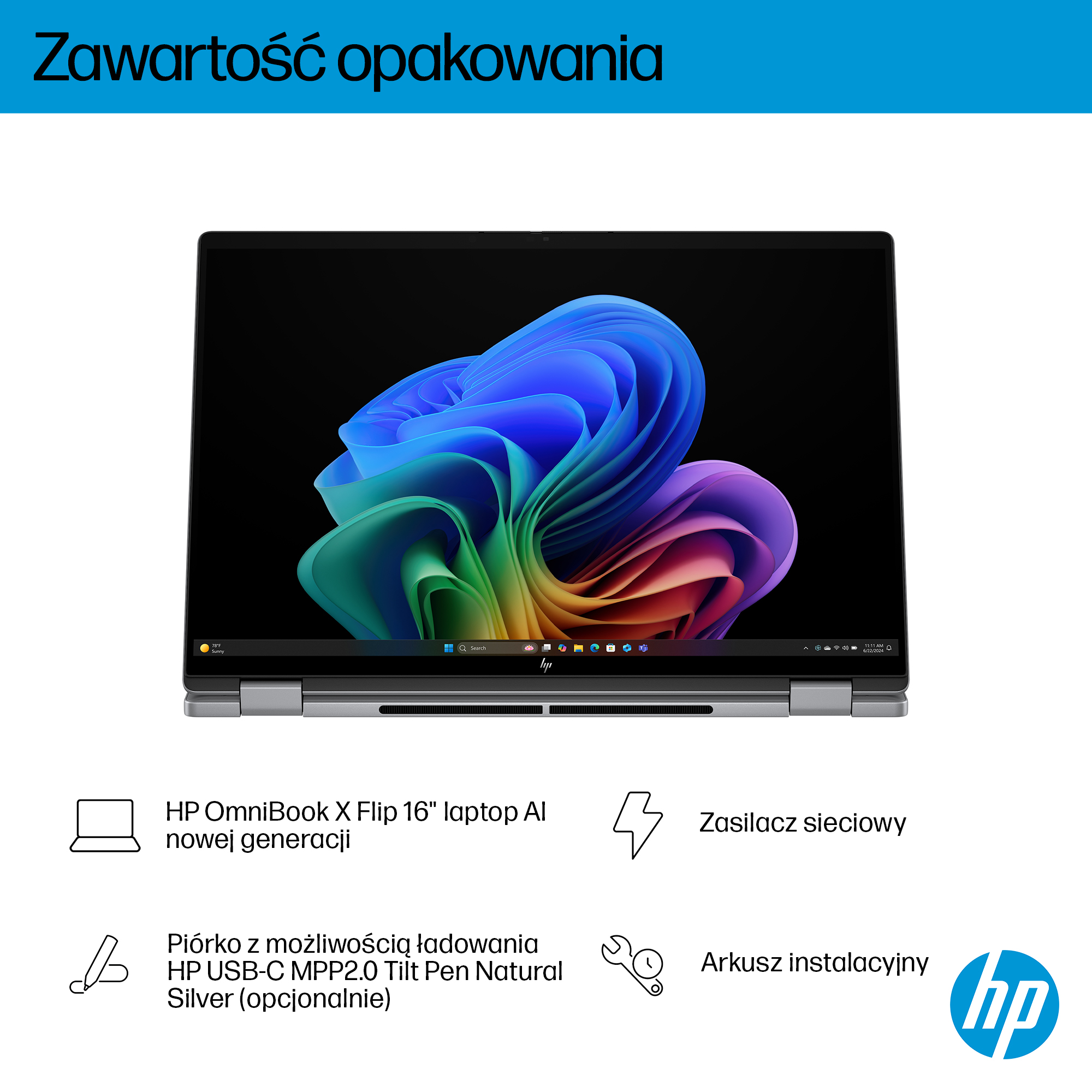 Laptop HP OmniBook X Flip 16" z kolorową tapetą i paskiem zadań.