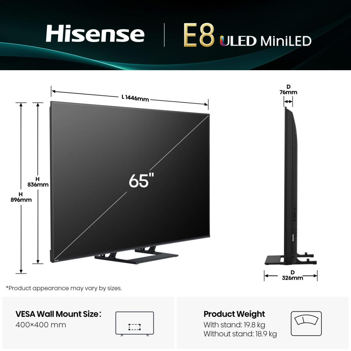 Telewizor Hisense E8 ULED MiniLED 65 cali z wymiarami i wagą.