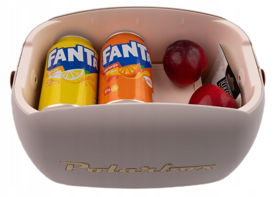 Lodówka Polarbox z puszkami Fanta i owocami.