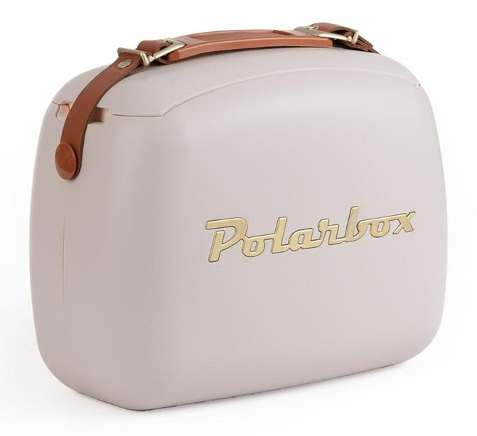 Kremowa torba chłodząca Polarbox z brązową skórzaną rączką i detalami.