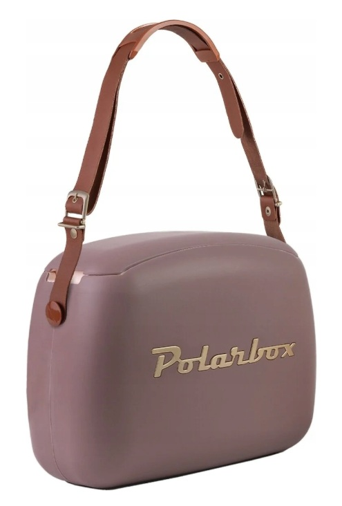 Fioletowa torba Polarbox z brązowym skórzanym paskiem i złotym logo.