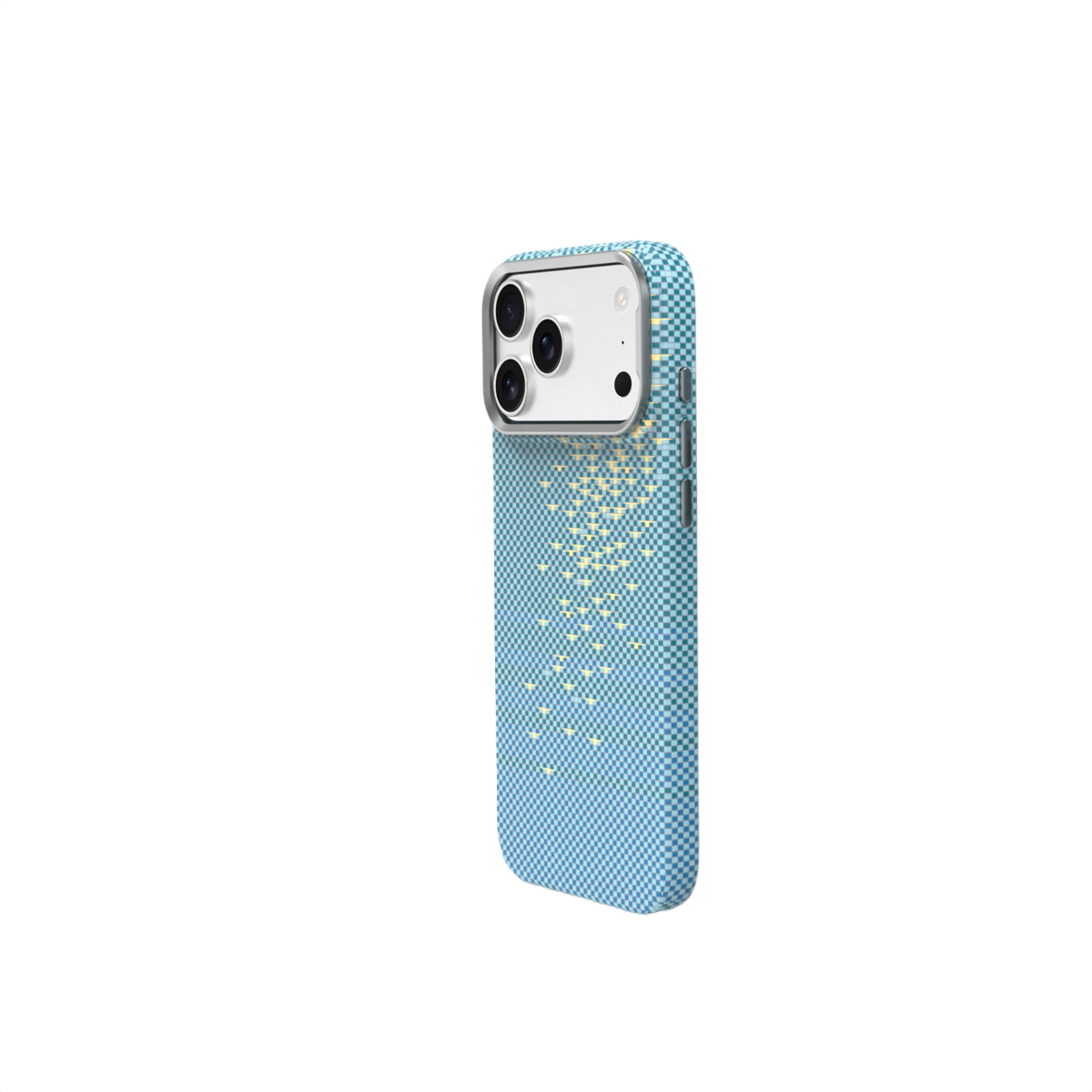 Gümüş kamera çerçeveli mavi kareli telefon kılıfı.