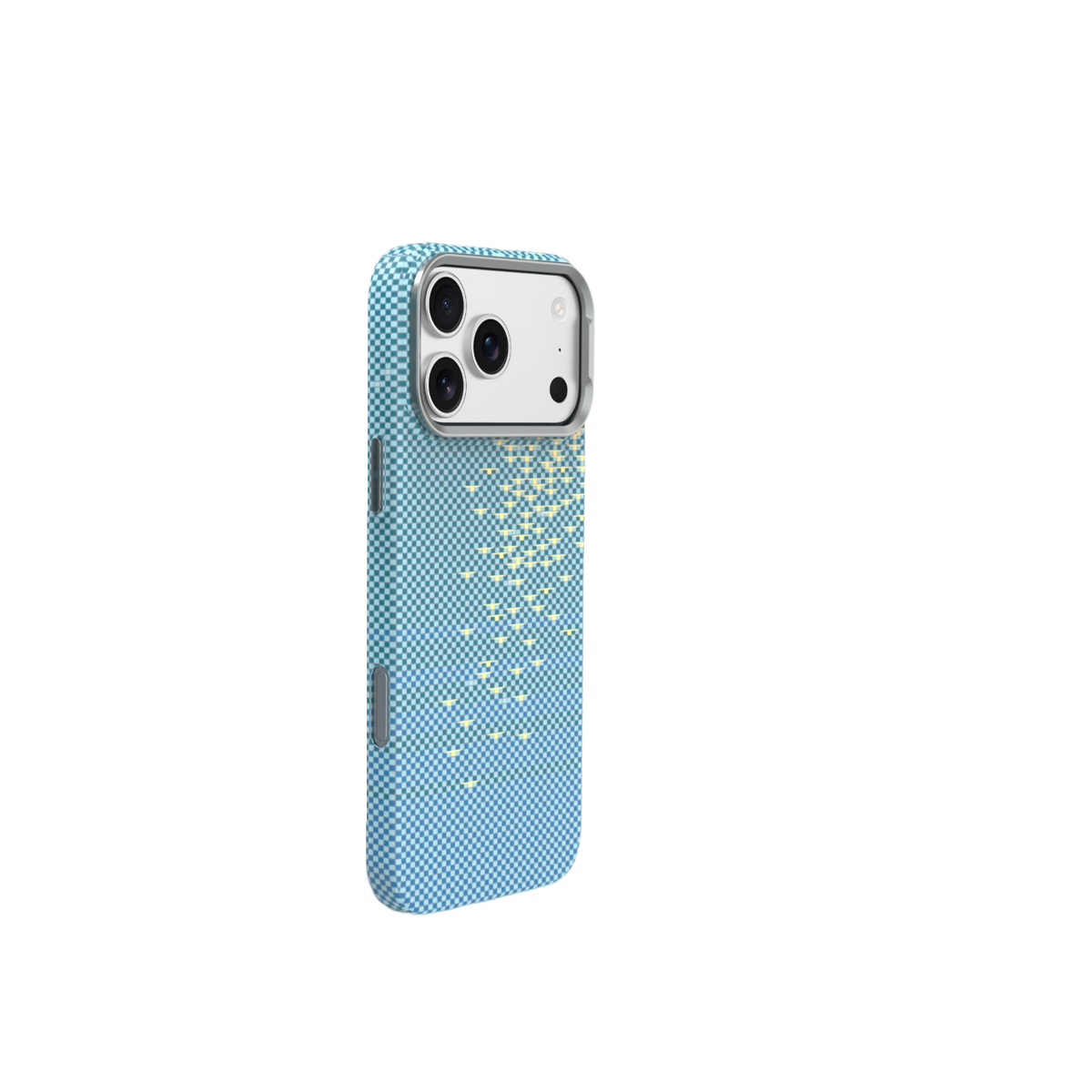 Sarı yıldızlı mavi kareli telefon kılıfı ve üçlü kamera.
