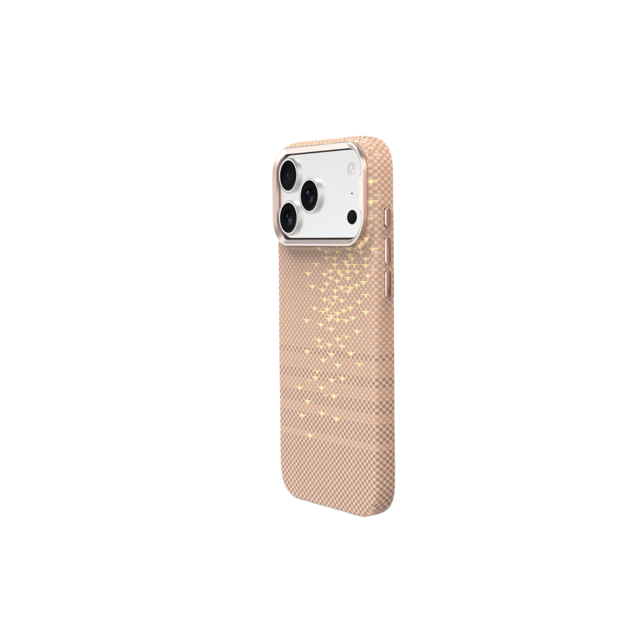 Yıldız desenli, üç kameralı, rose altın rengi telefon.