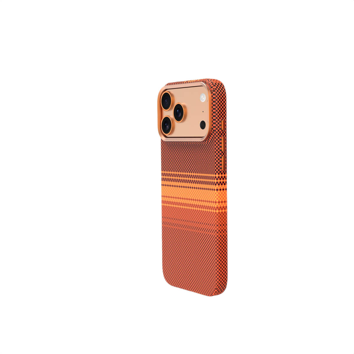 Kare desenli turuncu telefon kılıfı ve üç kamera lensi.
