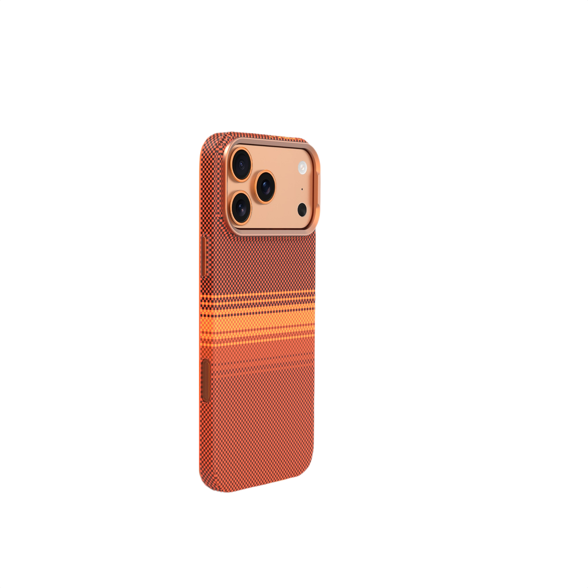 Kareli ve çizgili turuncu telefon kılıfı, kamera lensi ve flaş.