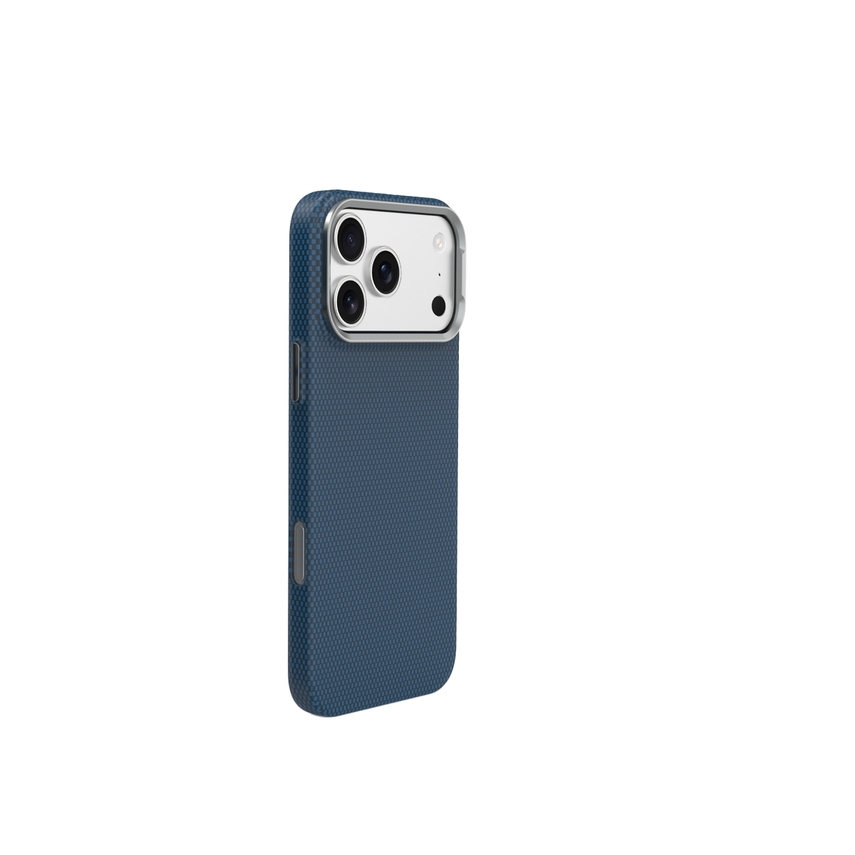 Üç lensli, gümüş kamera çerçeveli lacivert telefon kılıfı.