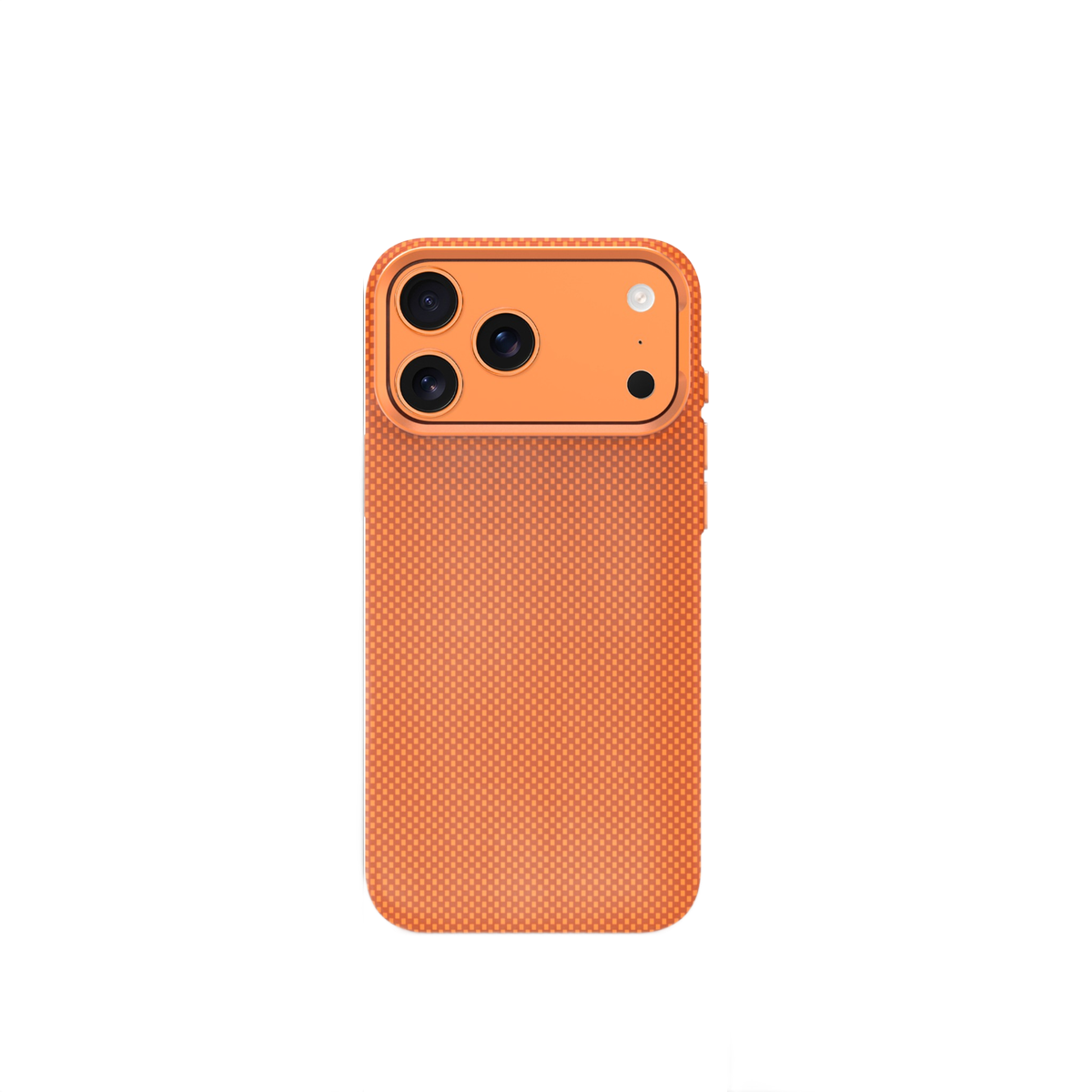 Siyah arka plan üzerinde üç kamerası ve flaşı olan turuncu telefon.