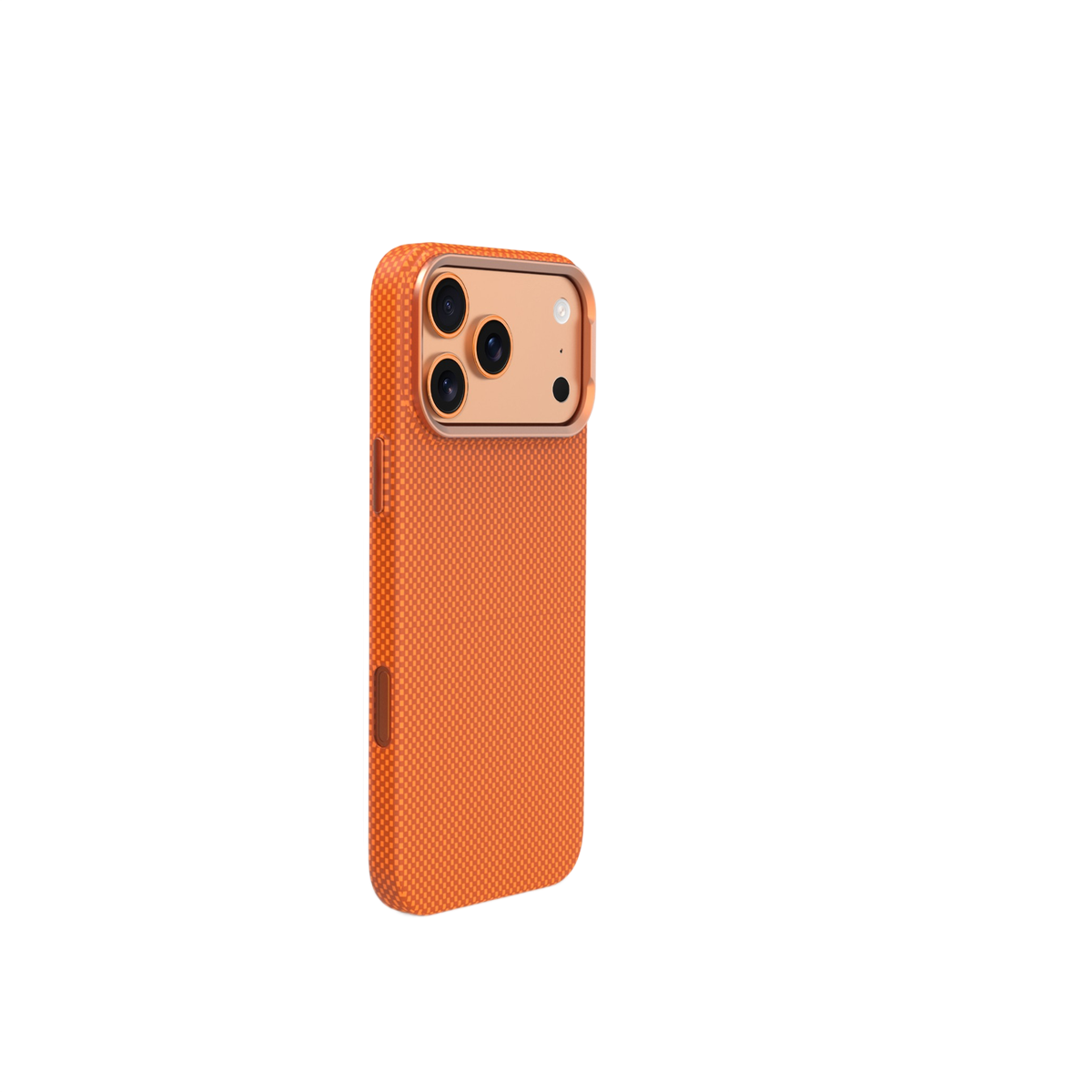 Üç kamera lensli ve flaşlı turuncu telefon kılıfı.