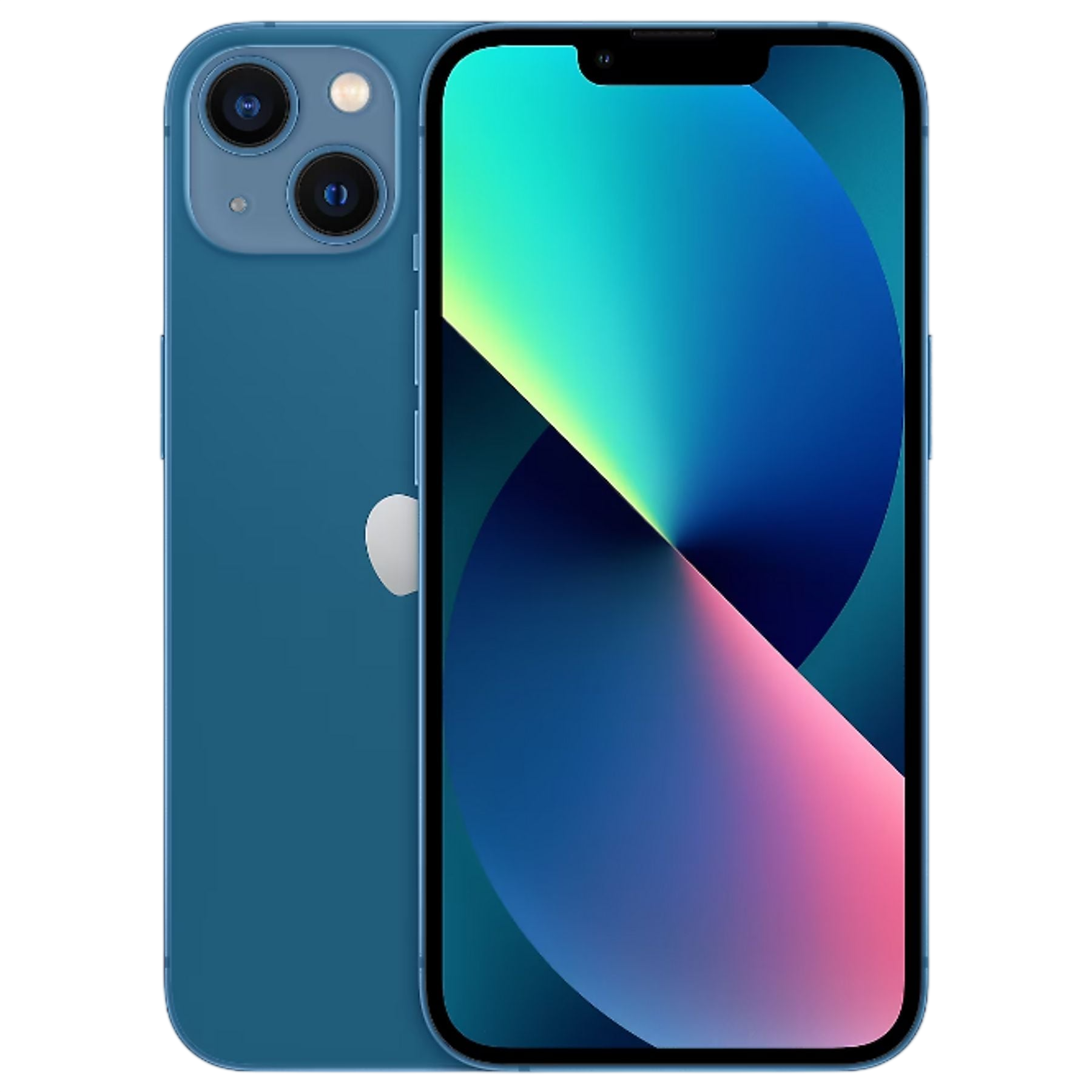 İki kameralı ve Apple logolu mavi iPhone. Ekran renk geçişi gösteriyor.
