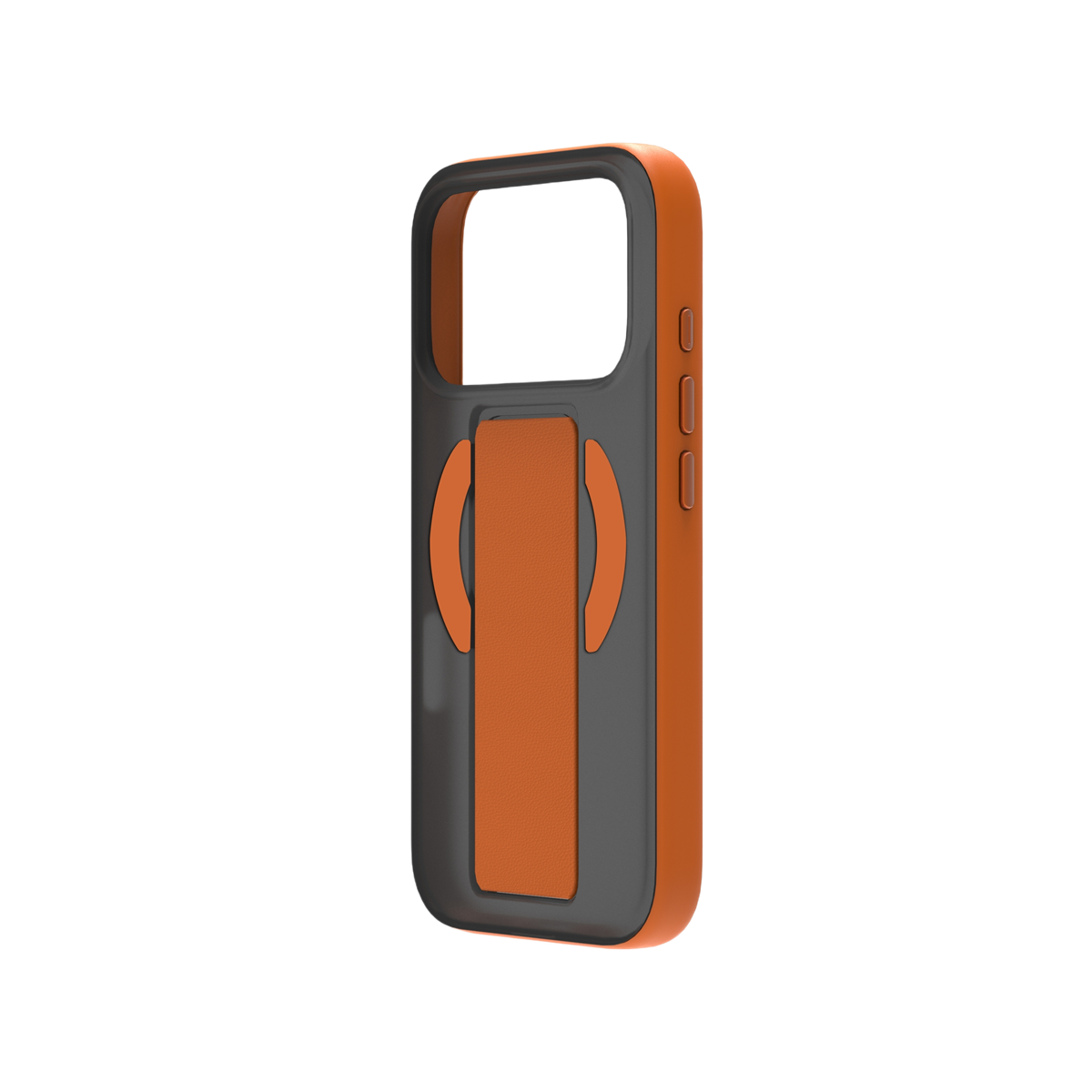 Siyah arka plan üzerinde turuncu ve gri telefon kılıfı, tutma elemanlı.