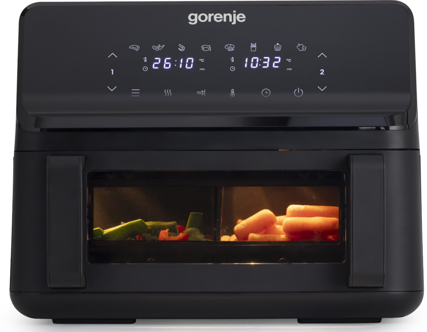 Czarna frytkownica Gorenje z warzywami wewnątrz i cyfrowym wyświetlaczem.