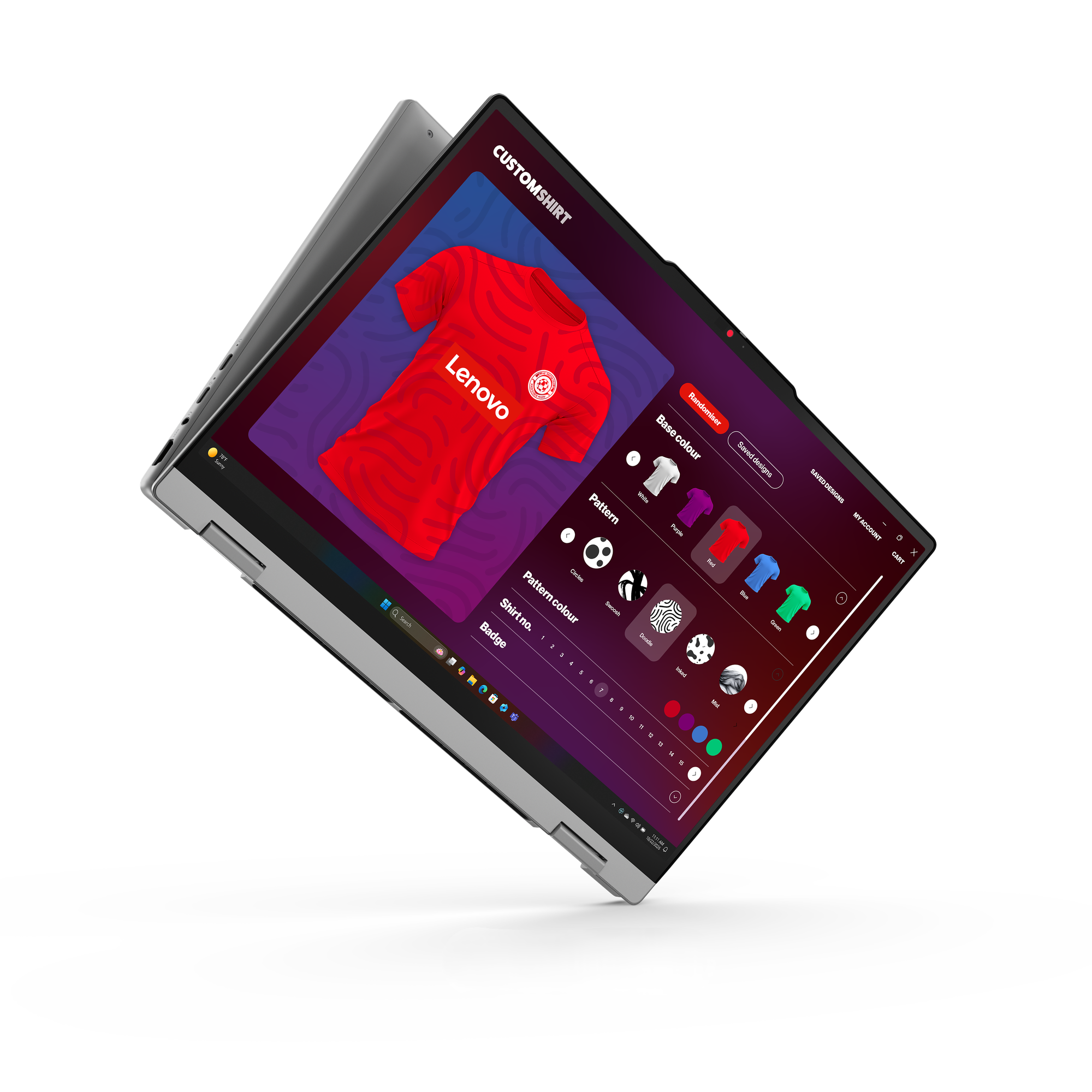 Laptop zeigt ein benutzerdefiniertes rotes T-Shirt-Design-Tool mit Farb- und Musteroptionen.