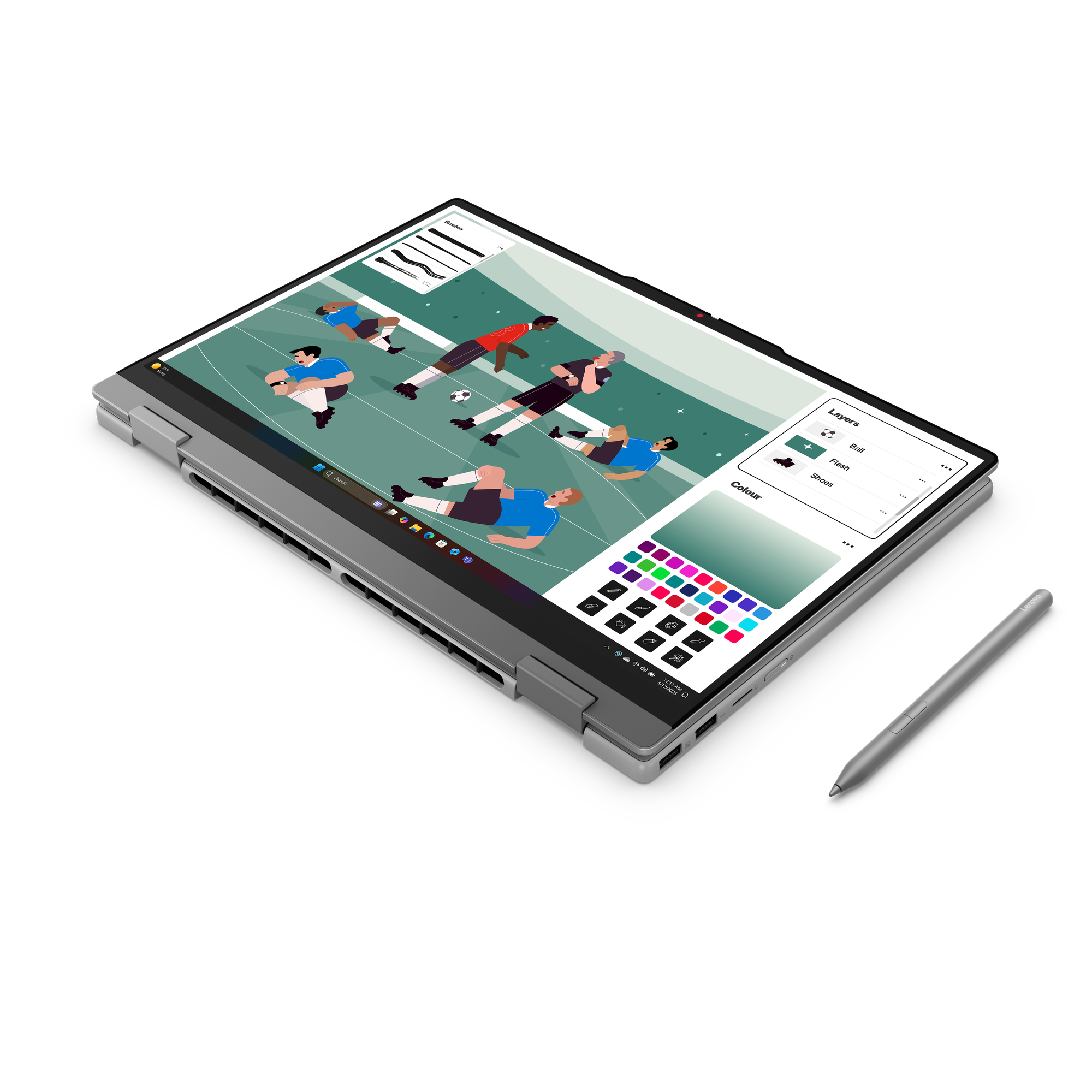 Ein Laptop mit einem Stift zeigt eine Fußballsimulation, mit Werkzeugen zur Farbauswahl.