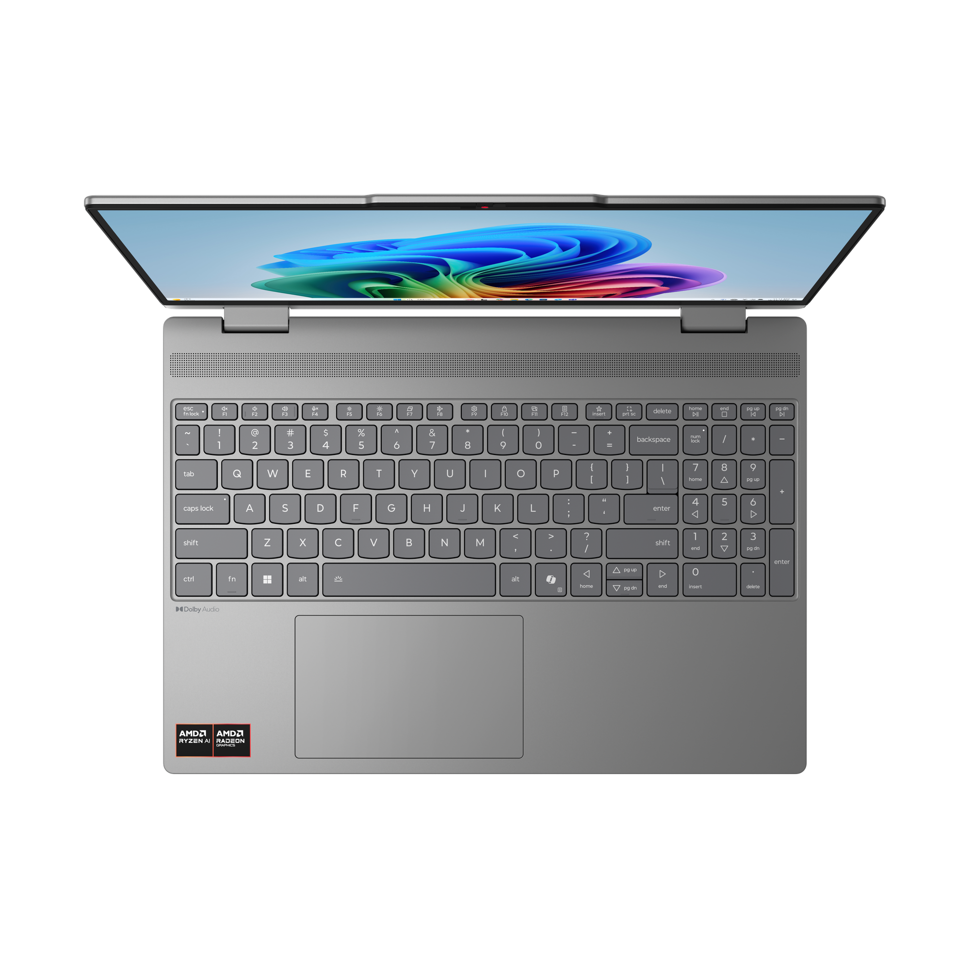 Ein offener silberner Laptop mit einem bunten Hintergrundbild auf dem Bildschirm.
