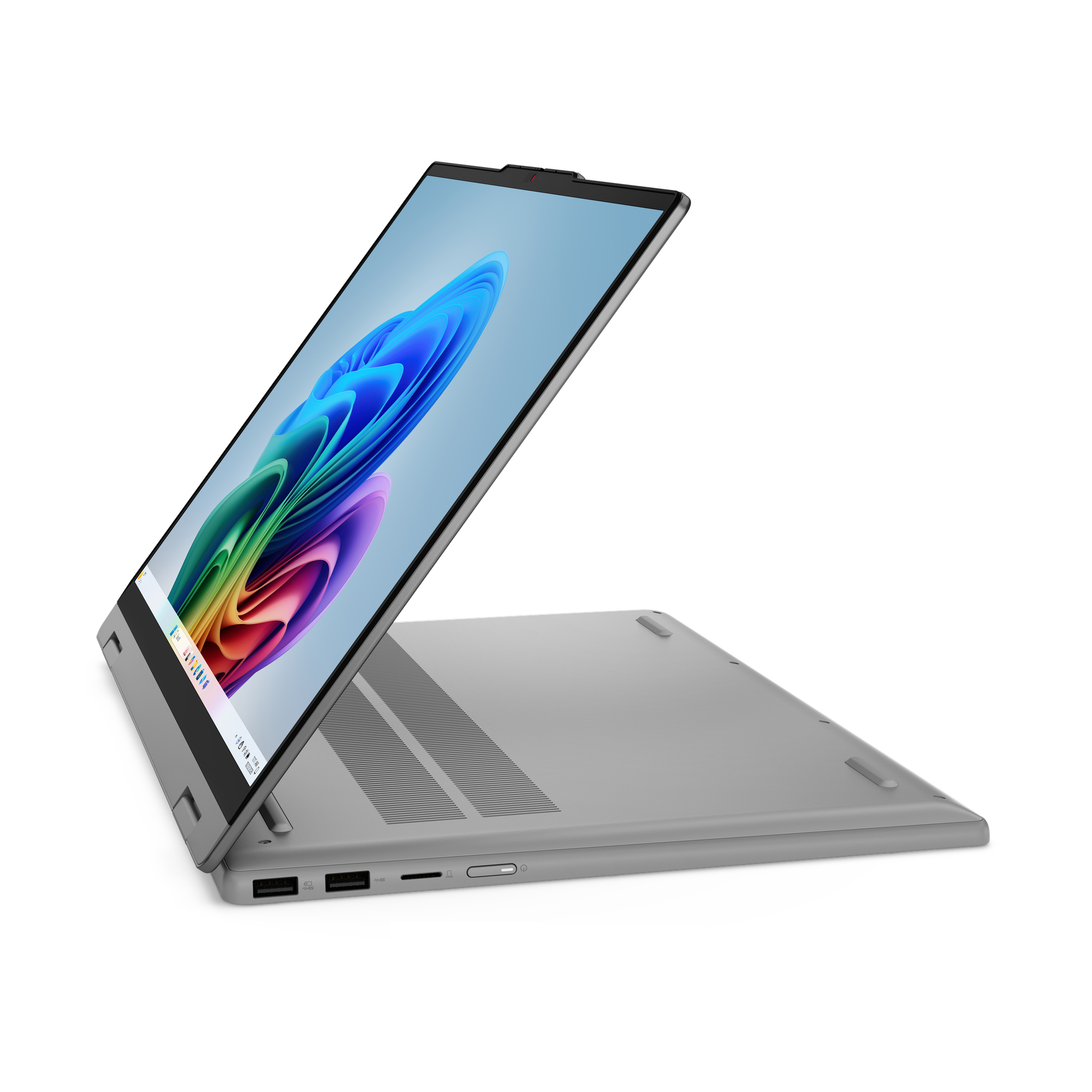 Ein silberner Laptop mit geöffnetem Bildschirm, der ein buntes Hintergrundbild zeigt.