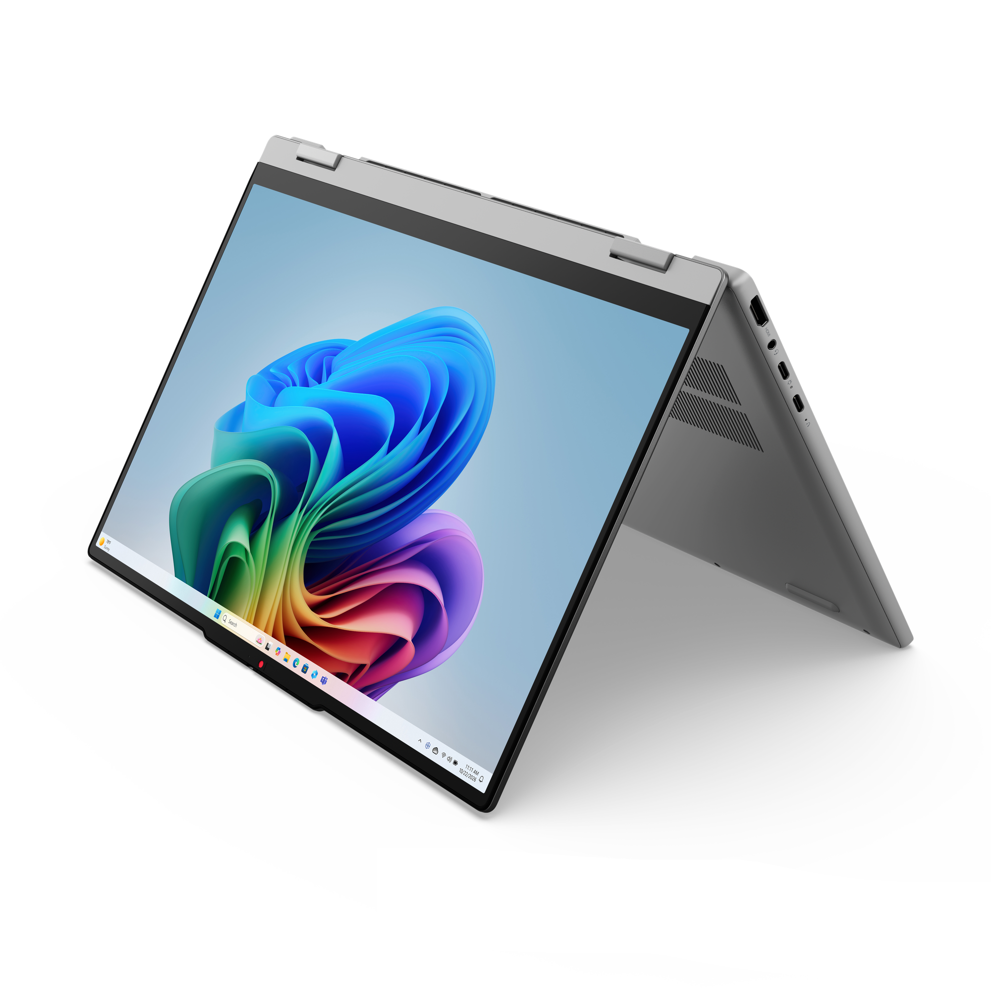 Ein offenes silbernes Laptop mit einem bunten Desktop-Hintergrundbild.