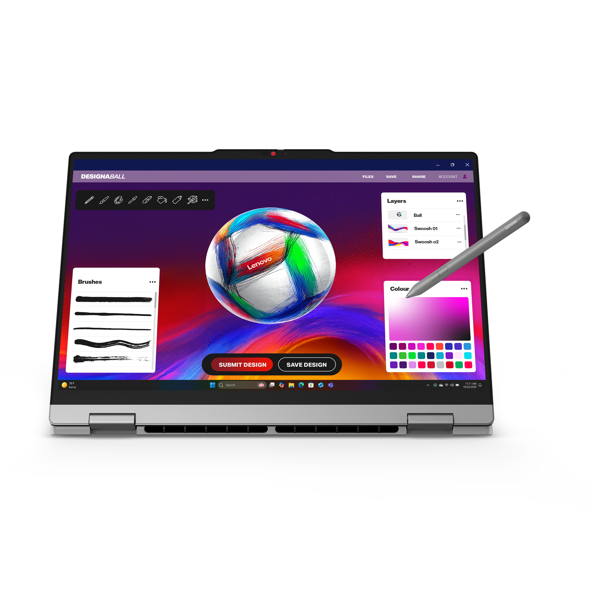 Ein Lenovo Laptop zeigt eine Design-App mit einem Fußball, Pinseln und einer Farbpalette.