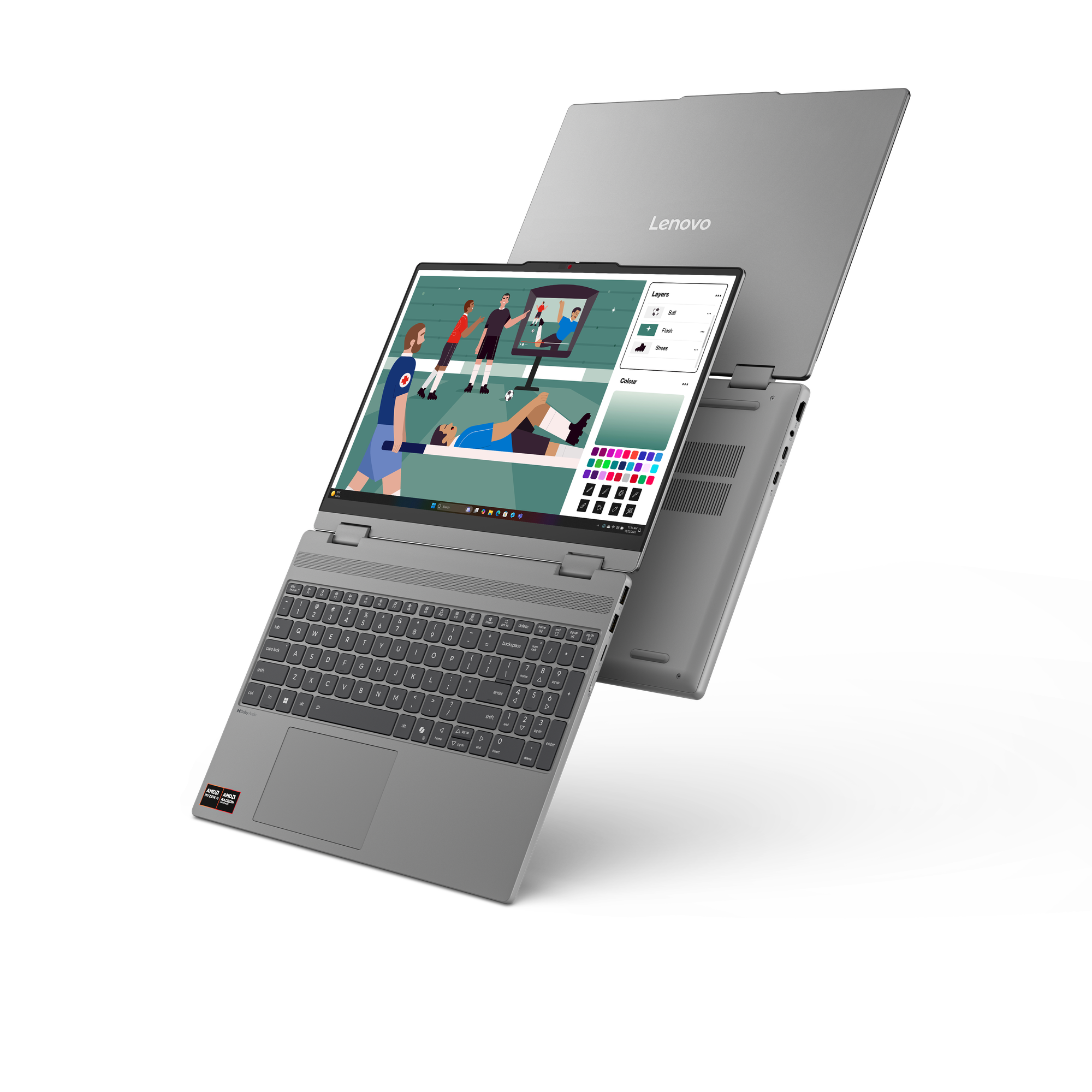 Ein graues Lenovo-Laptop mit einer geöffneten Bildschirmanwendung, die Fußballspieler zeigt.