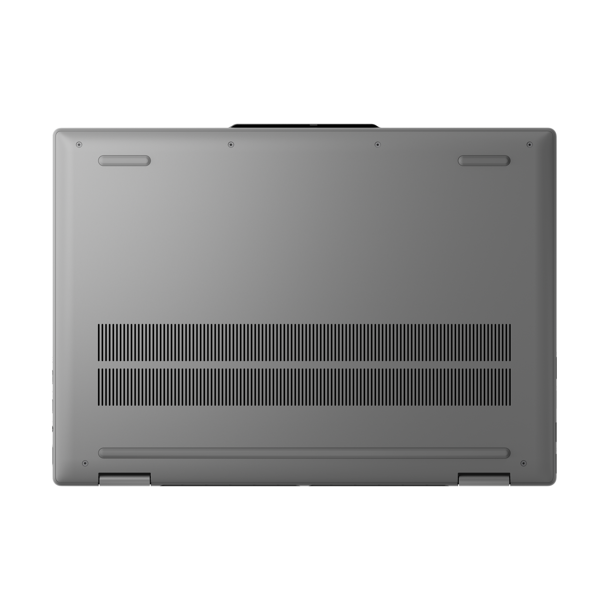 Unterseite eines grauen Laptops mit Lüftungsschlitzen und Schrauben.