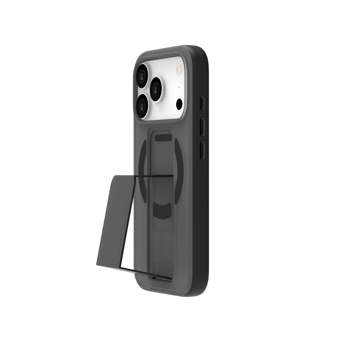 Siyah arka plan üzerinde açılmış destekli siyah iPhone kılıfı.
