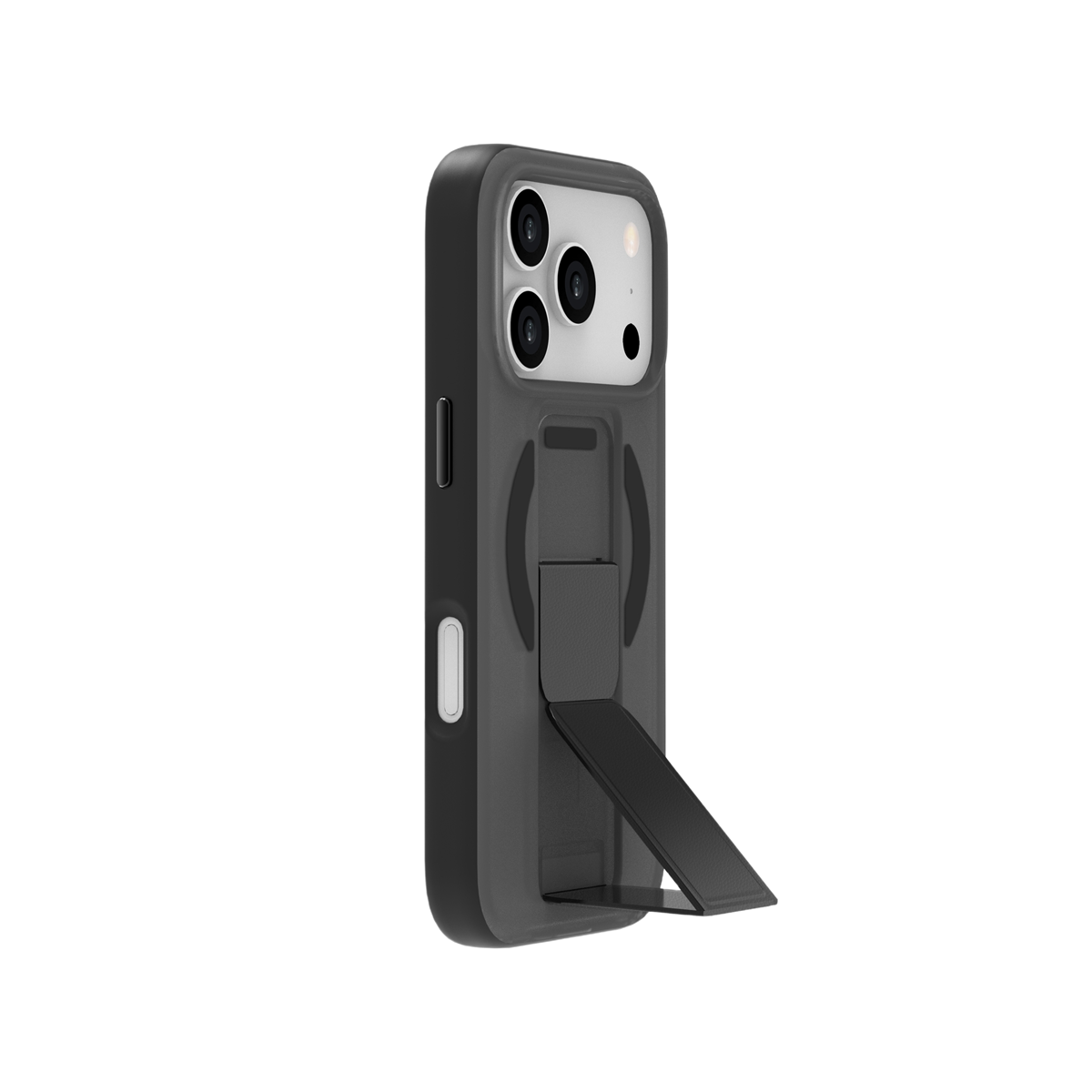 Koyu gri telefon kılıfı, üçlü kamera ve stantlı.
