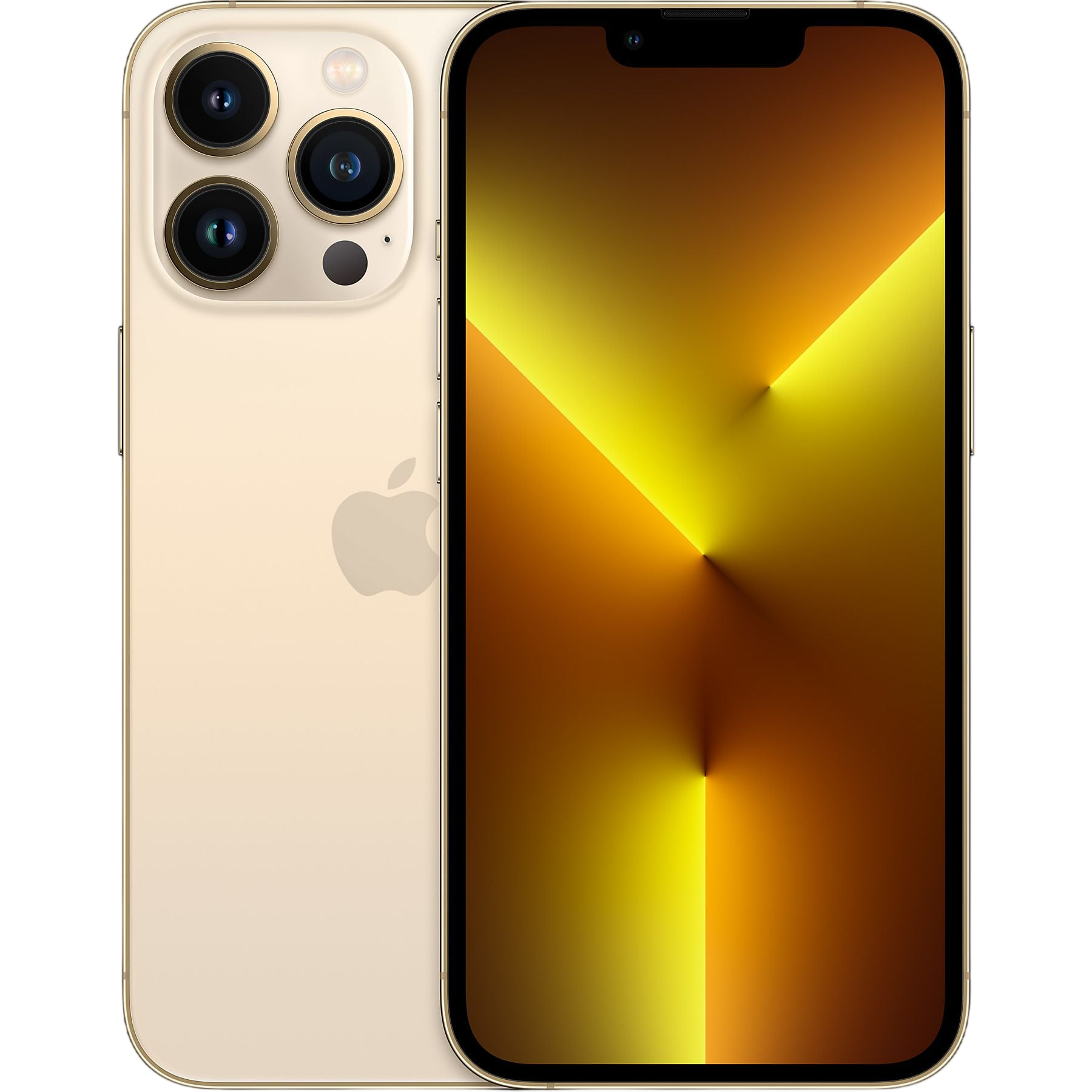 Arkada üç kamerası olan altın rengi iPhone ve sarı degrade ekran.