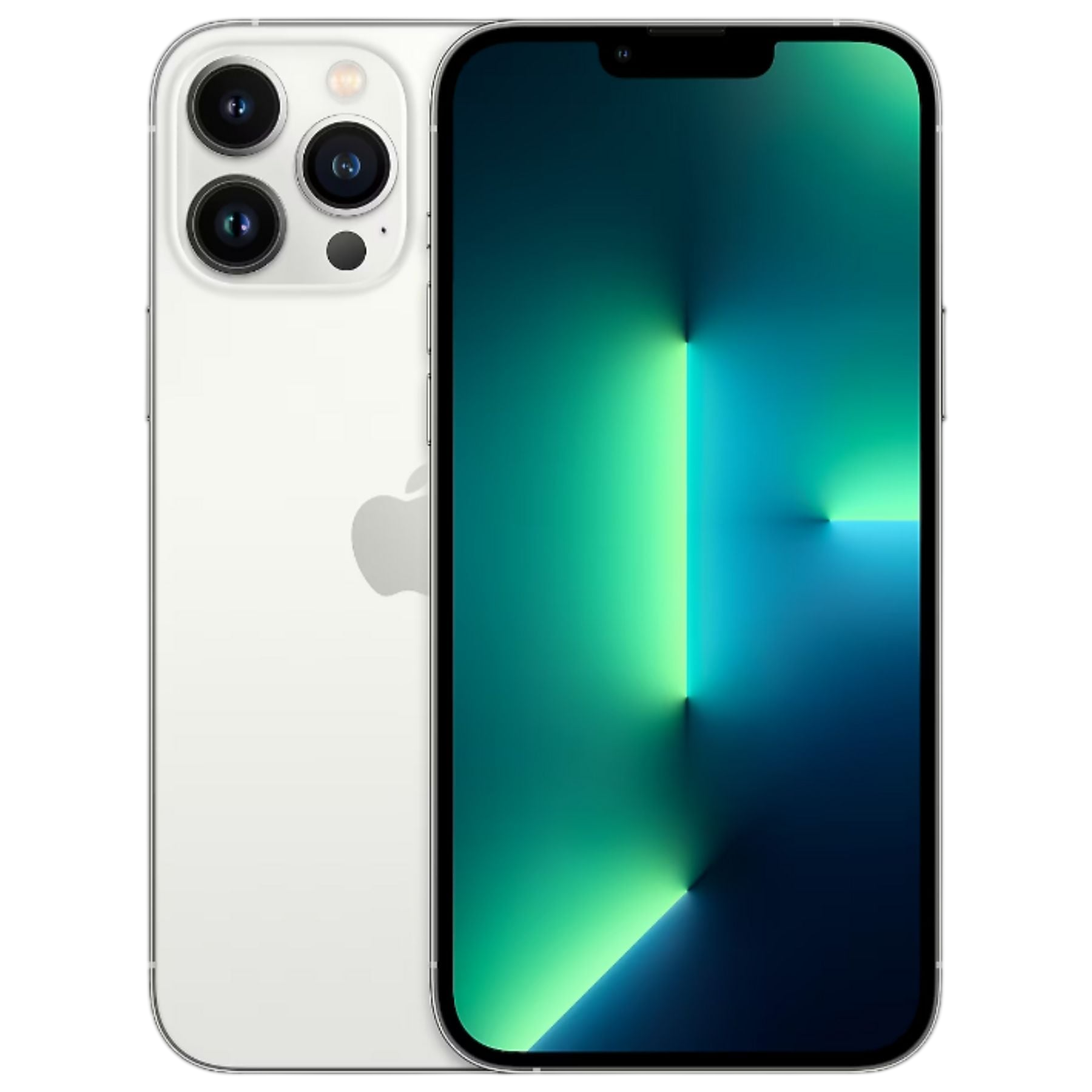 Üç kameralı beyaz iPhone, yeşil arka planlı.